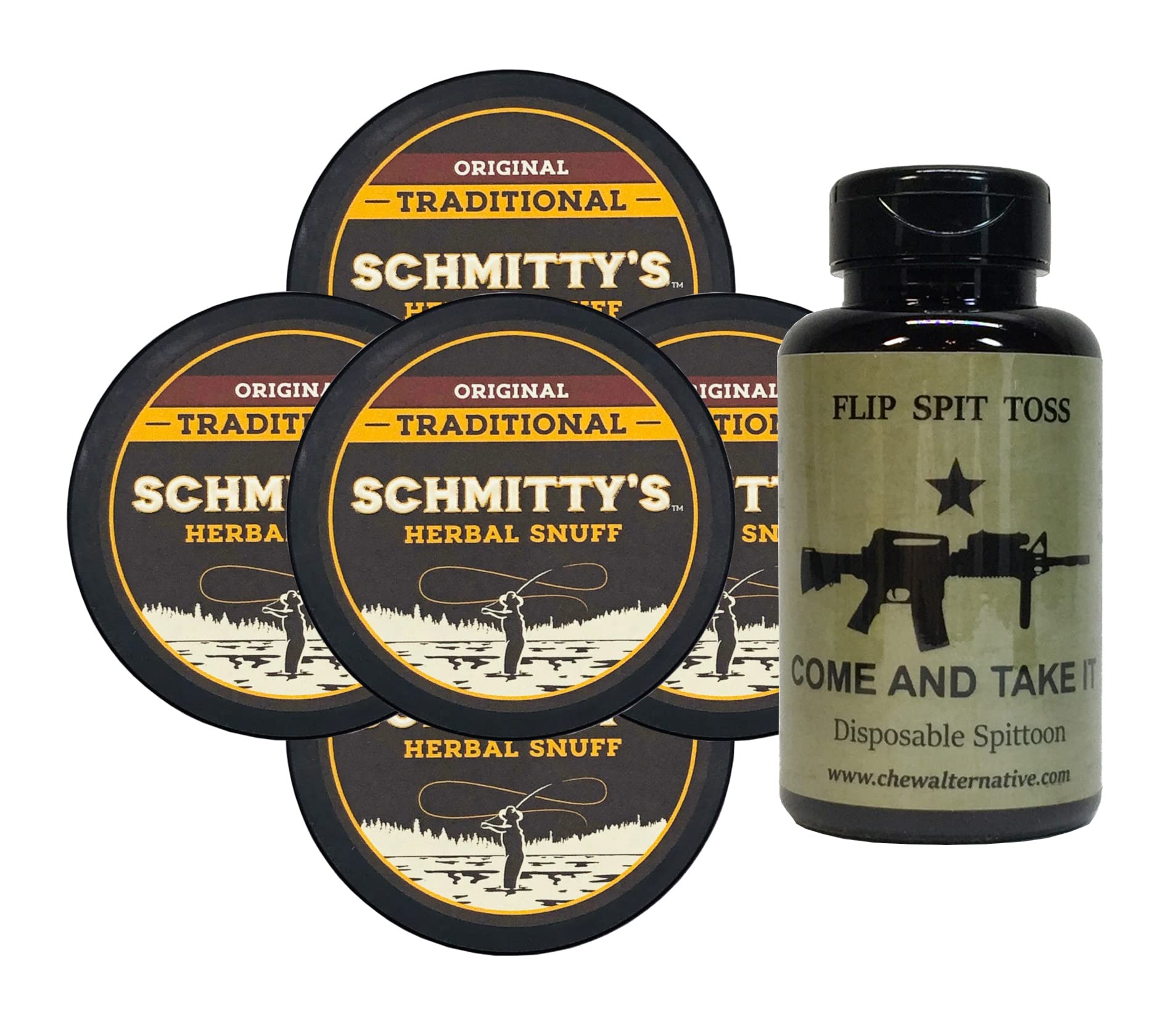 Schmitty's Snuff Original Mountain Herbal Chew Fake Dip No Tobacco 5 Can Pack (Come & Take It MB)