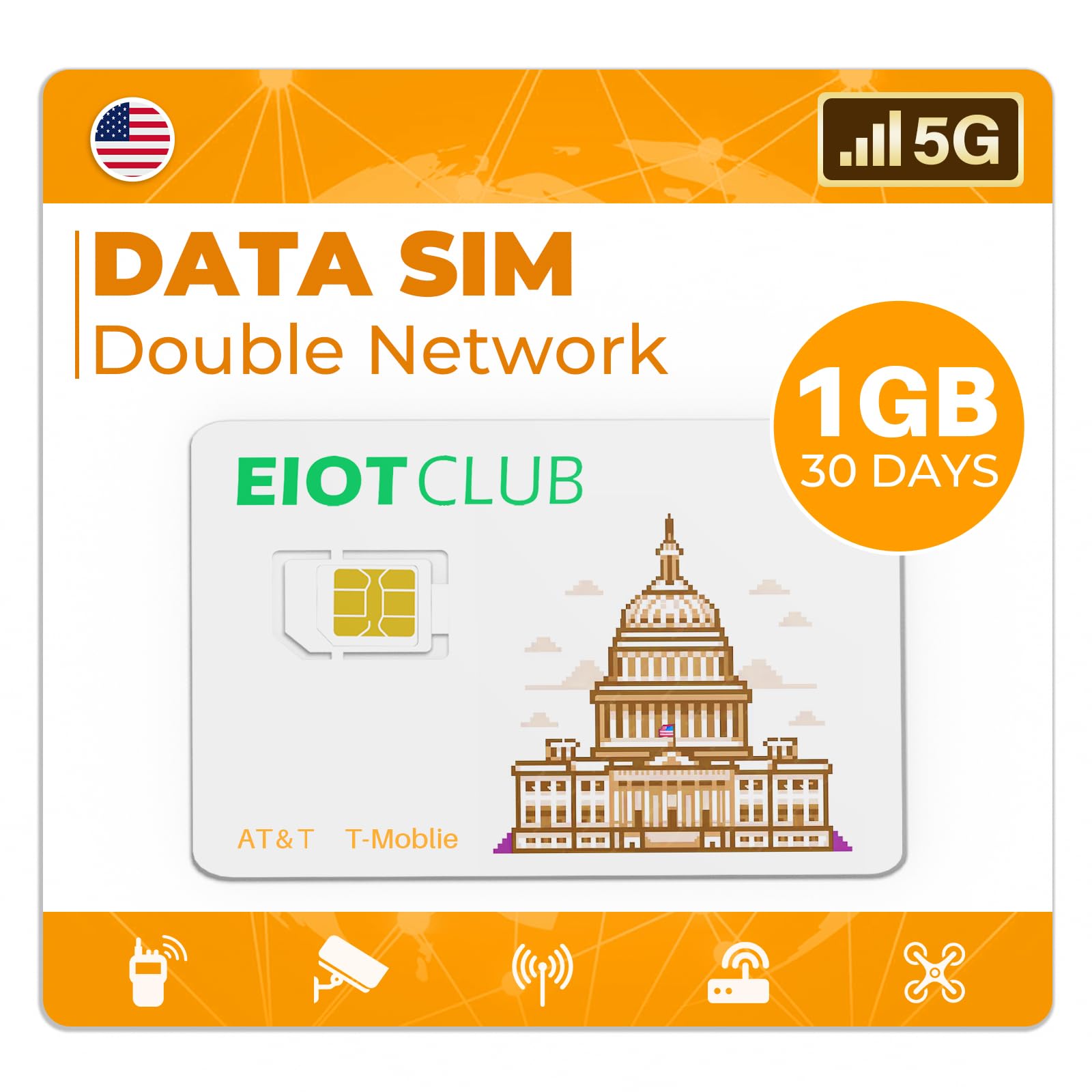 EIOTCLUB Prepaid SIM Card 1GB/30Day, 5G/4G LTE SIM Support for AT&T and T-Mobile in USA, Data Only SIM Card for Security/Hunting/Trail Camera WiFi Hotspot Router Unlocked IoT Devices, No Contract