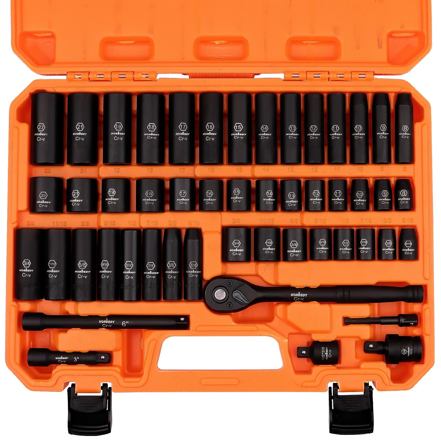 HORUSDY 3/8" Drive Impact Socket Set, 50-Piece Standard SAE (5/16 to 3/4 inch) and Metric (8-22mm) Size, 6 Point, Cr-V, 3/8-Inch Drive Ratchet Handle, Drive Extension Bar, Impact Universal Joint