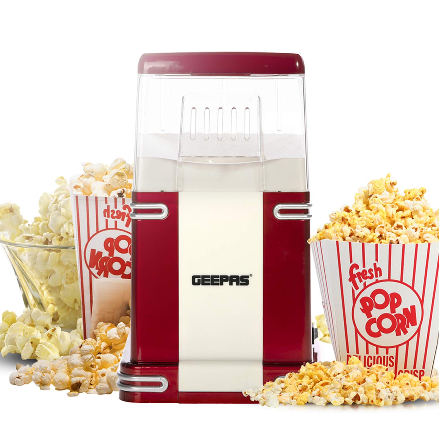 Geepas -GPM841 1200W Electric Popcorn Maker - Makes Hot, Fresh, Healthy and Fat-Free Theatre Style Popcorn Anytime - On/Off Switch, Oil-Free Popcorn Popper