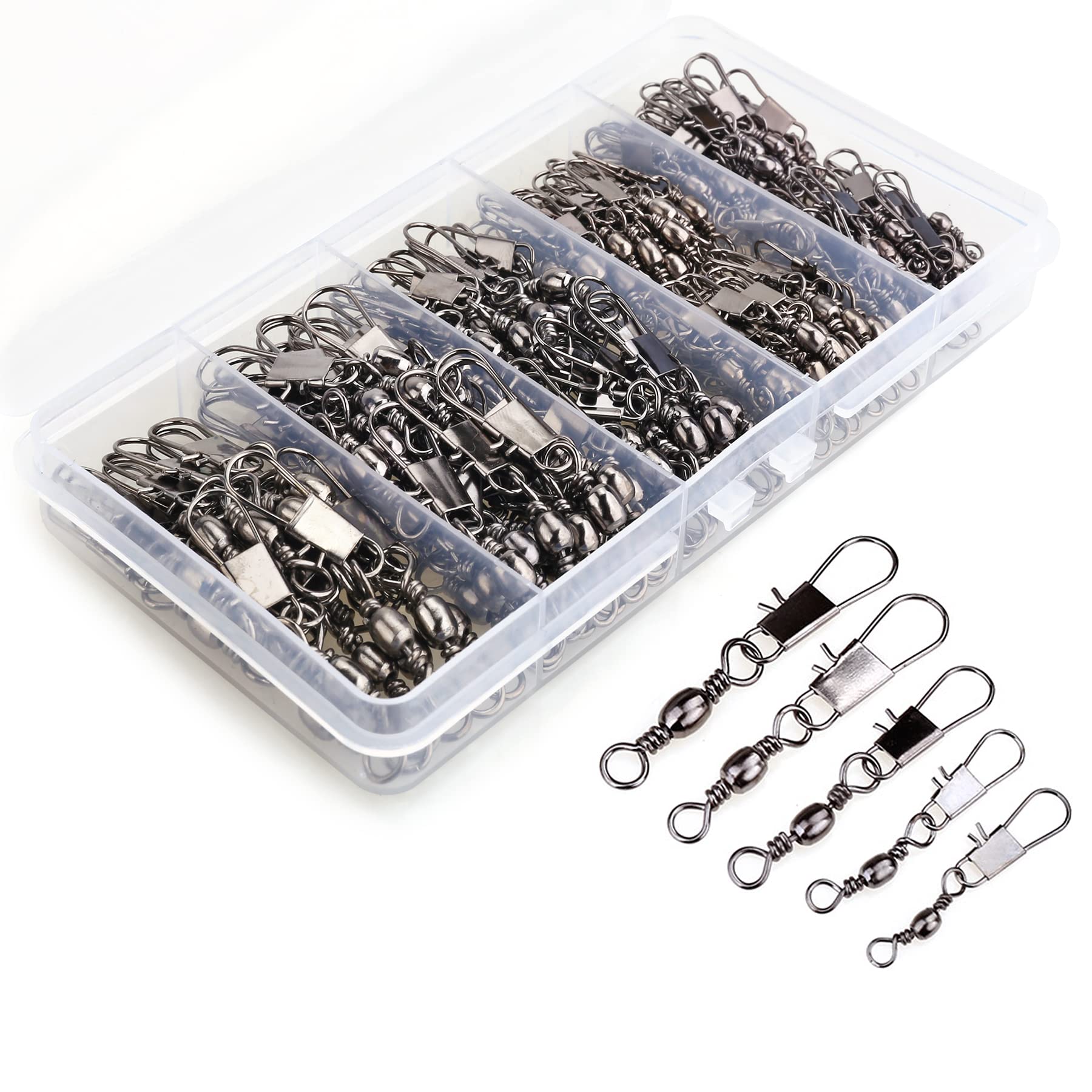 200PCS Barrel Snap Swivel Fishing Accessories, Premium Fishing Gear Equipment with Ball Bearing Swivels Snaps Connector for Quick Connect Fishing Lures