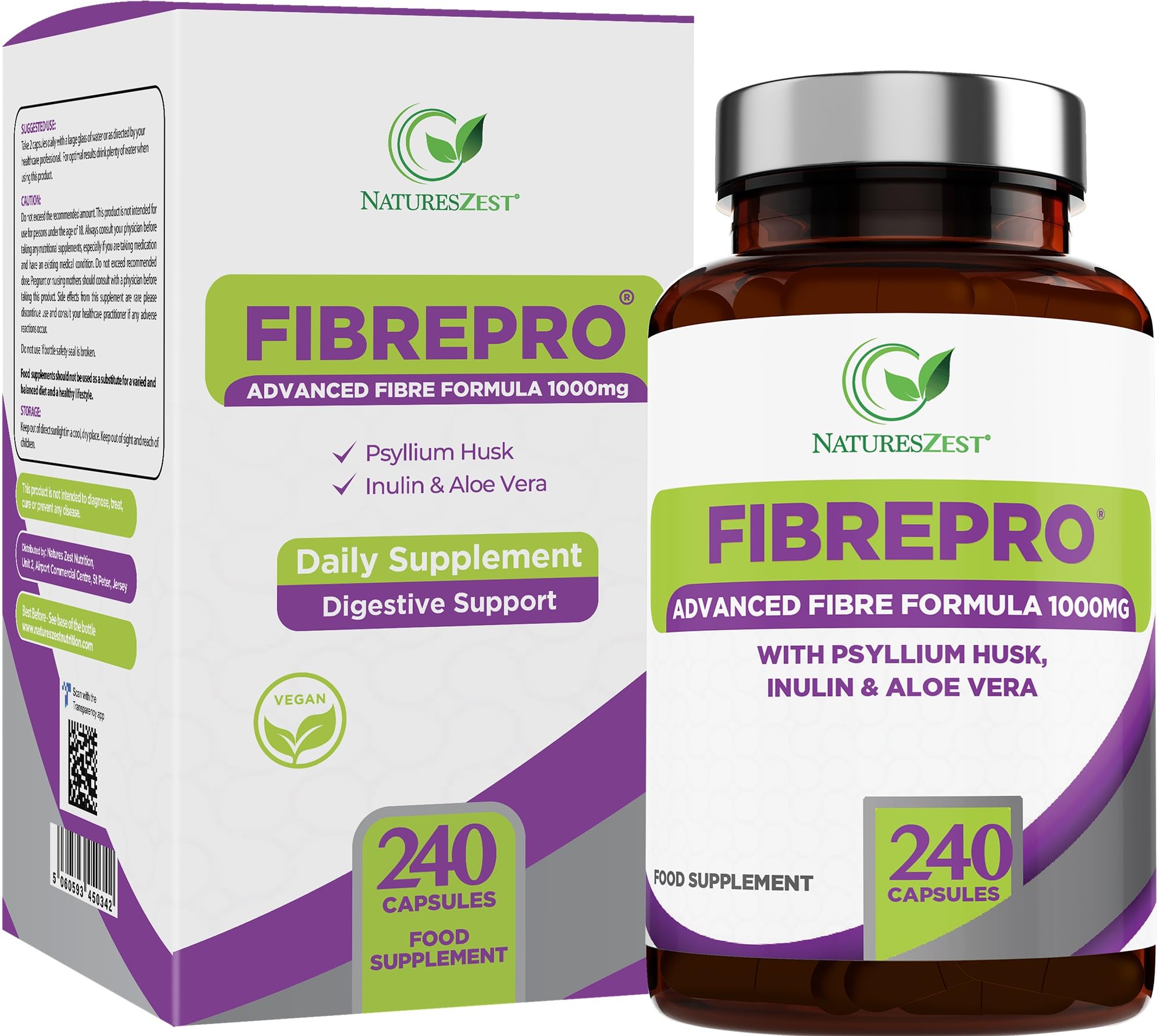 Fibre Pro 1000mg - Fibre Supplement - Psyllium Husk Capsules - Prebiotic Fibre with Psyllium Husk, Inulin, Aloe Vera & Flaxseed – Psyllium Husk Fibre - UK Made - 4 Month Supply - Packaging May Vary