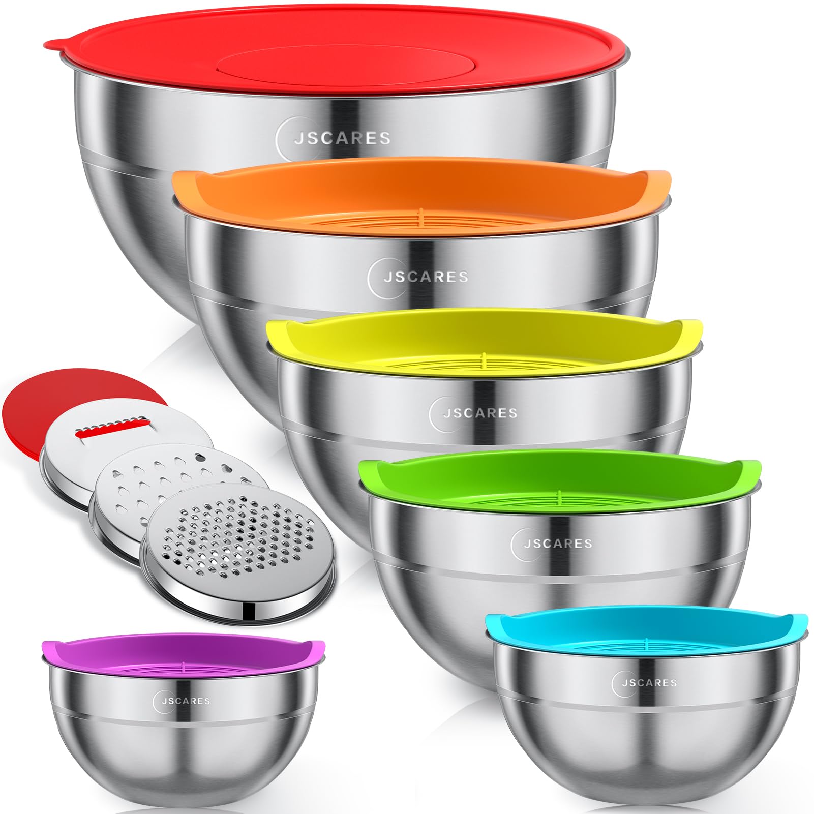 Mixing Bowls with Colorful Airtight Lids, 6 Piece Stainless Steel Metal Bowls with 3 Grater Attachments, Size 4.5, 3.5, 2.1, 1.5, 1.1, 0.7 QT