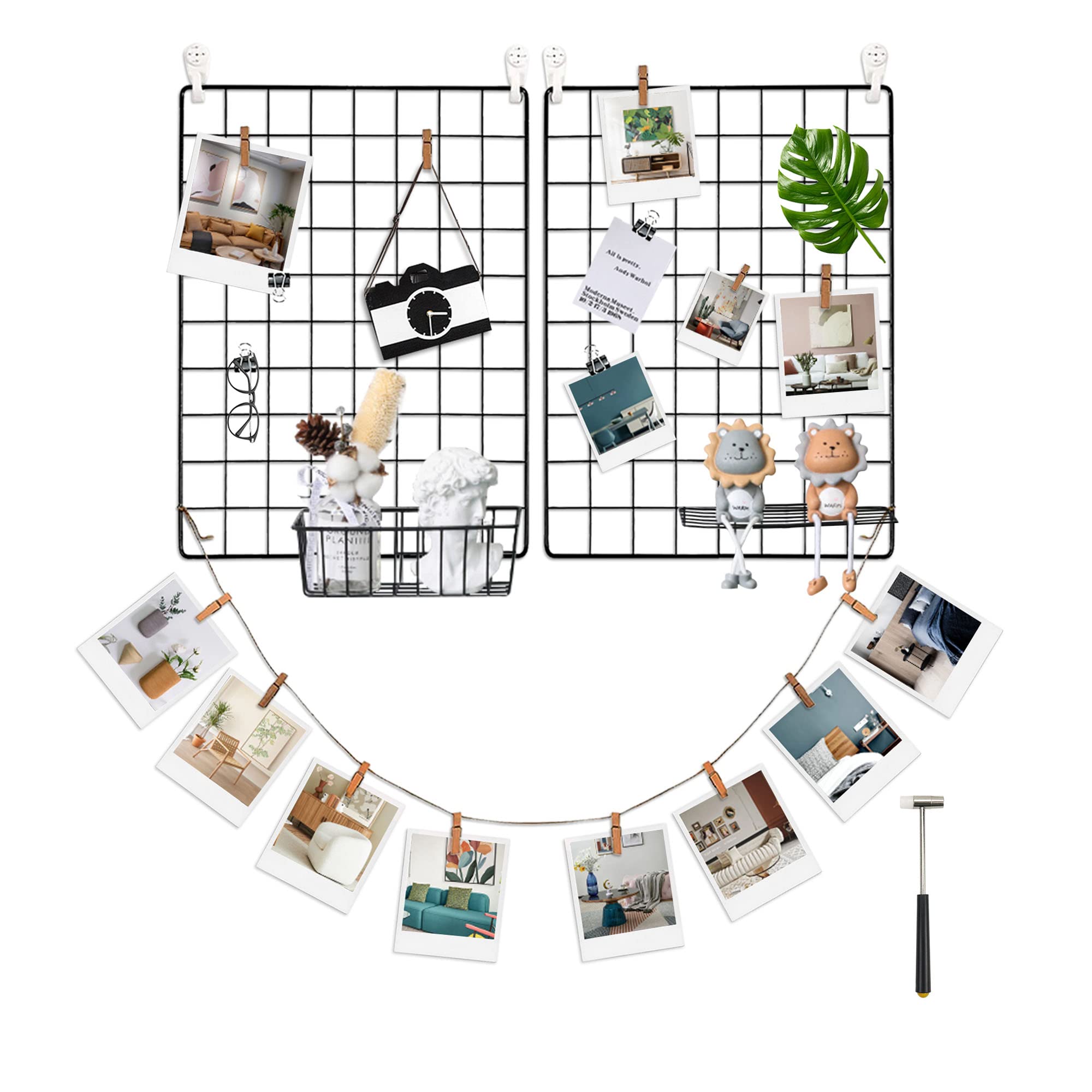 FUNLAX Wire Photo Wall, Set of 2 Wire Wall Grid Panels, Grid Decor Photo Display 15.7 × 11.8 Inches Wall Storage Organizer Hanging Picture with Sticky Hook, Iron Clip, Bamboo Clip, Hemp Cord