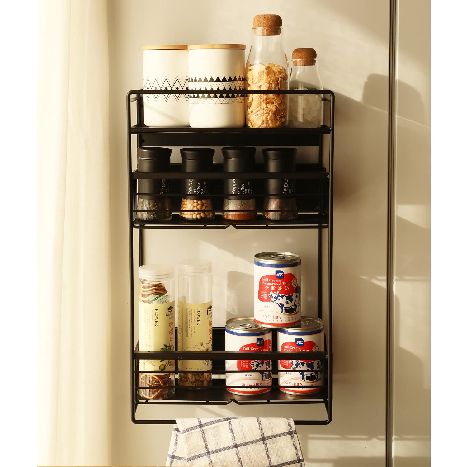 Refrigerator Magnetic Spice Rack，Self Adhesive Multi-Layer Kitchen Storage Organizer Hanging Spice Storage Wall Mounted Crevice Side Shelf， Kitchen Refrigerator Shelves (Black:2 Layer)