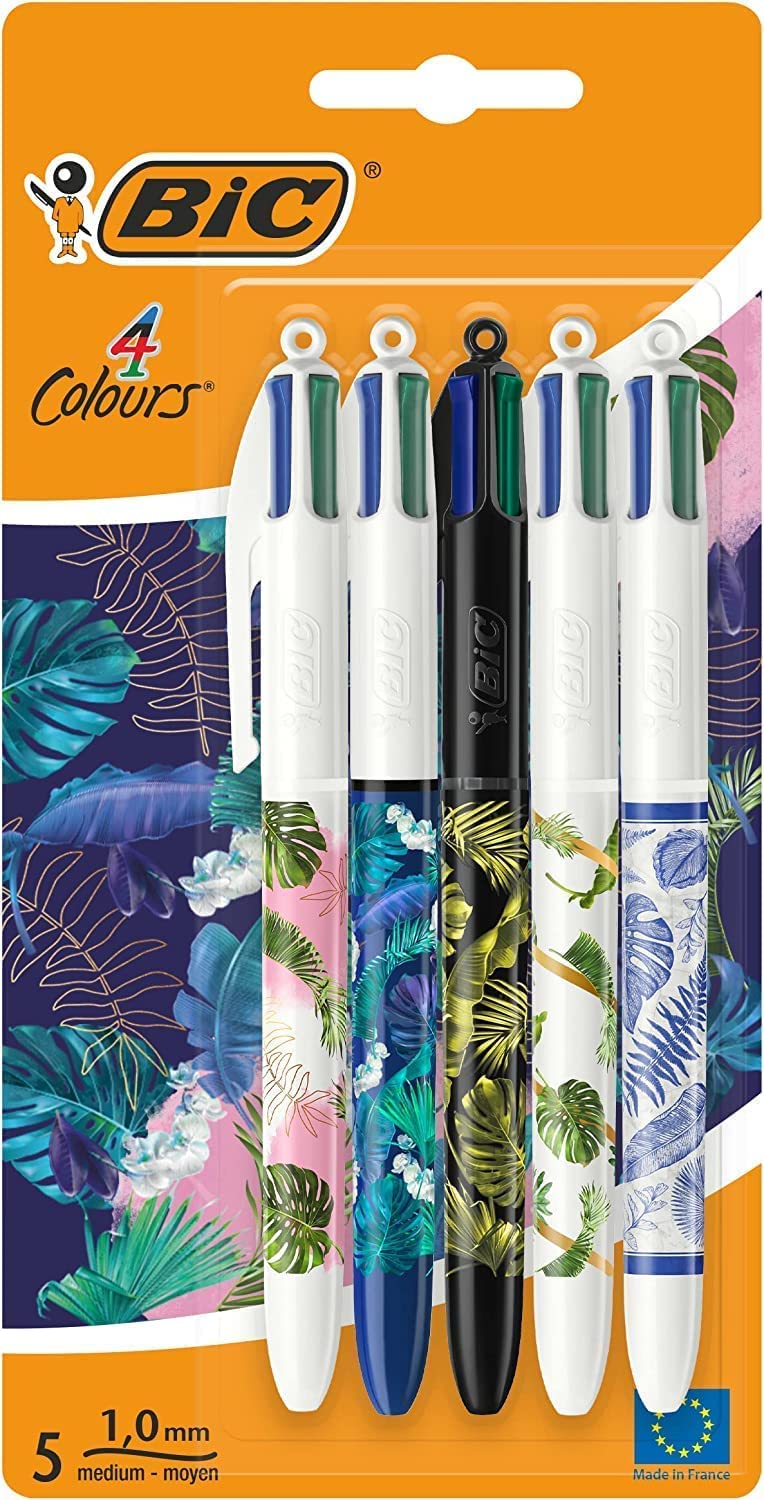 BIC 4 Colours Pens All In One, Multi Coloured Pens All In One, Retractable Ballpoint Pens, Medium 1.0mm, Green, Blue, Red, Black, 5 Pens Per Pack, 1 Pack