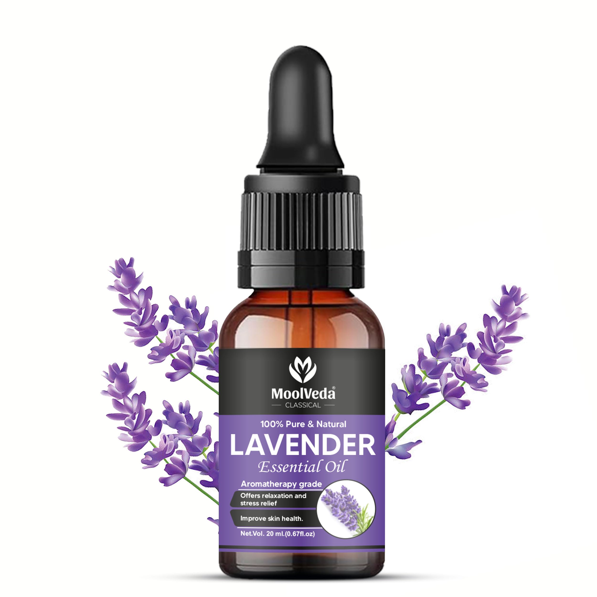 Moolveda 100% Natural & Therapeutic Grade Lavender Essential Oil for Face, Skin & Hair Growth, Use For Diffuser & Home Fragrance, Good Vibes, Lavender Oil For Body Massage Man & Women, 20ml