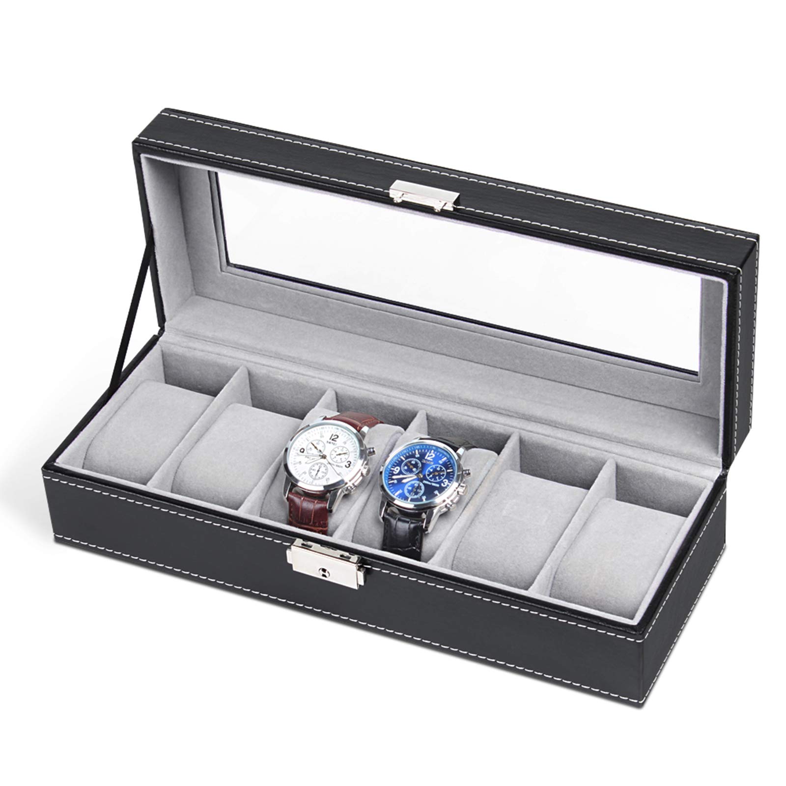 NEXNEX Wlife 6 Slot Leather Watch Box Display Case Organizer Glass Jewelry Storage Black