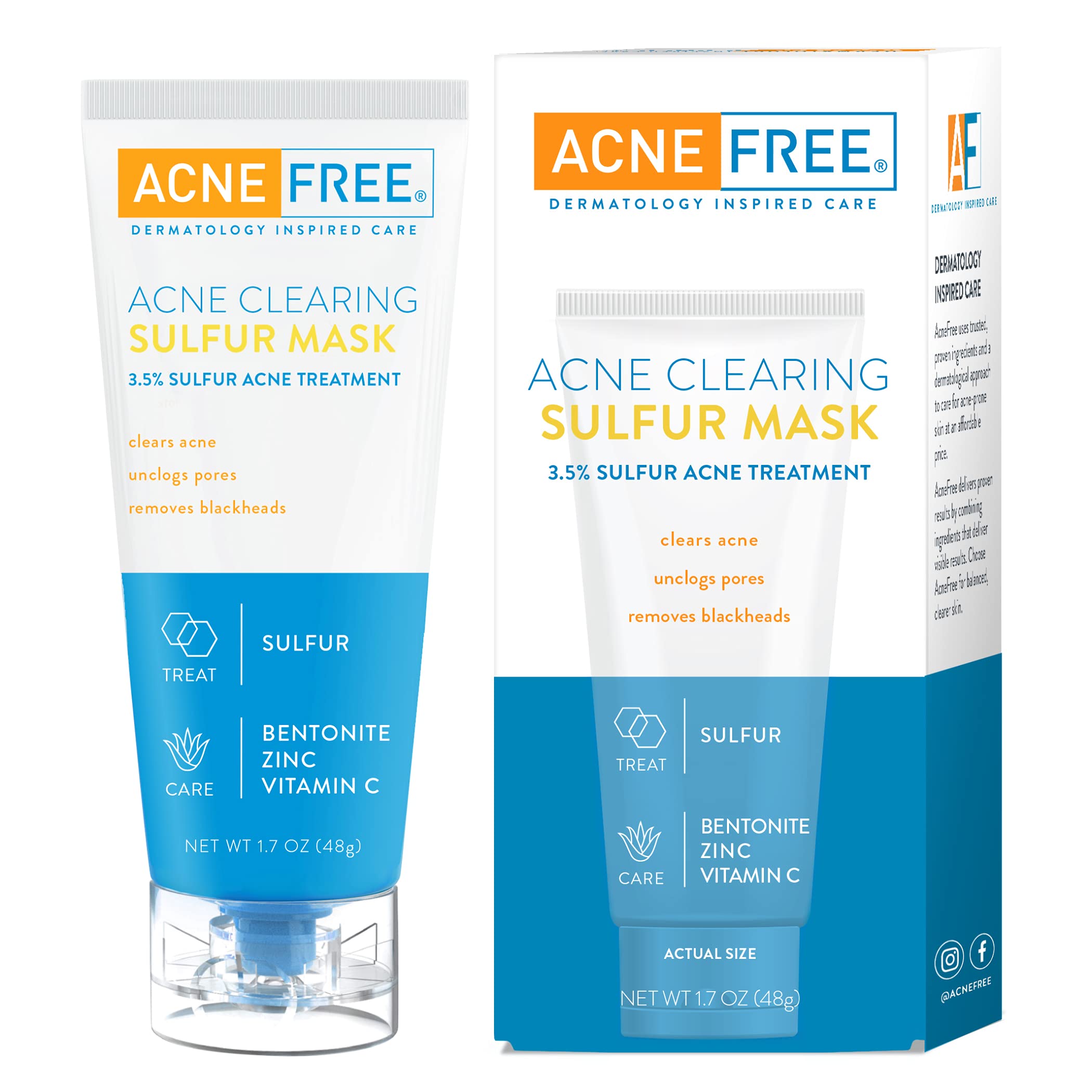 AcneFreeAcne Clearing Sulfur Mask 1.7oz Absorbs Excess Oil and Unclogs Pores with Vitamin C and Bentonite Clay - 3-Pack