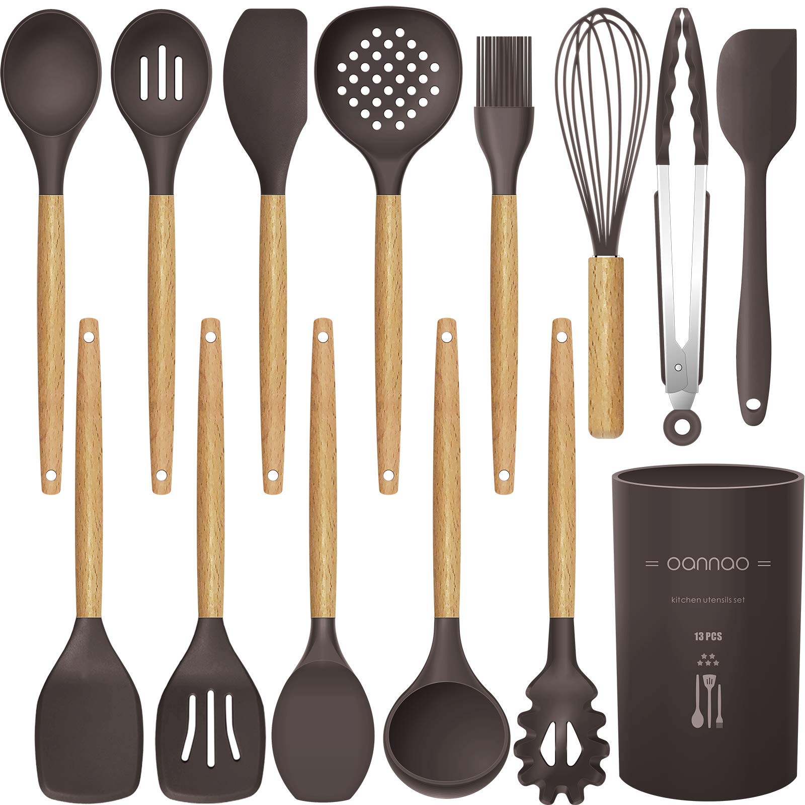 14 Pcs Silicone Cooking Utensils Kitchen Utensil Set - 446°F Heat Resistant,Turner Tongs,Spatula,Spoon,Brush,Whisk. Wooden Handles Kitchen Gadgets Tools Set for Nonstick Cookware (Dark Coffee)