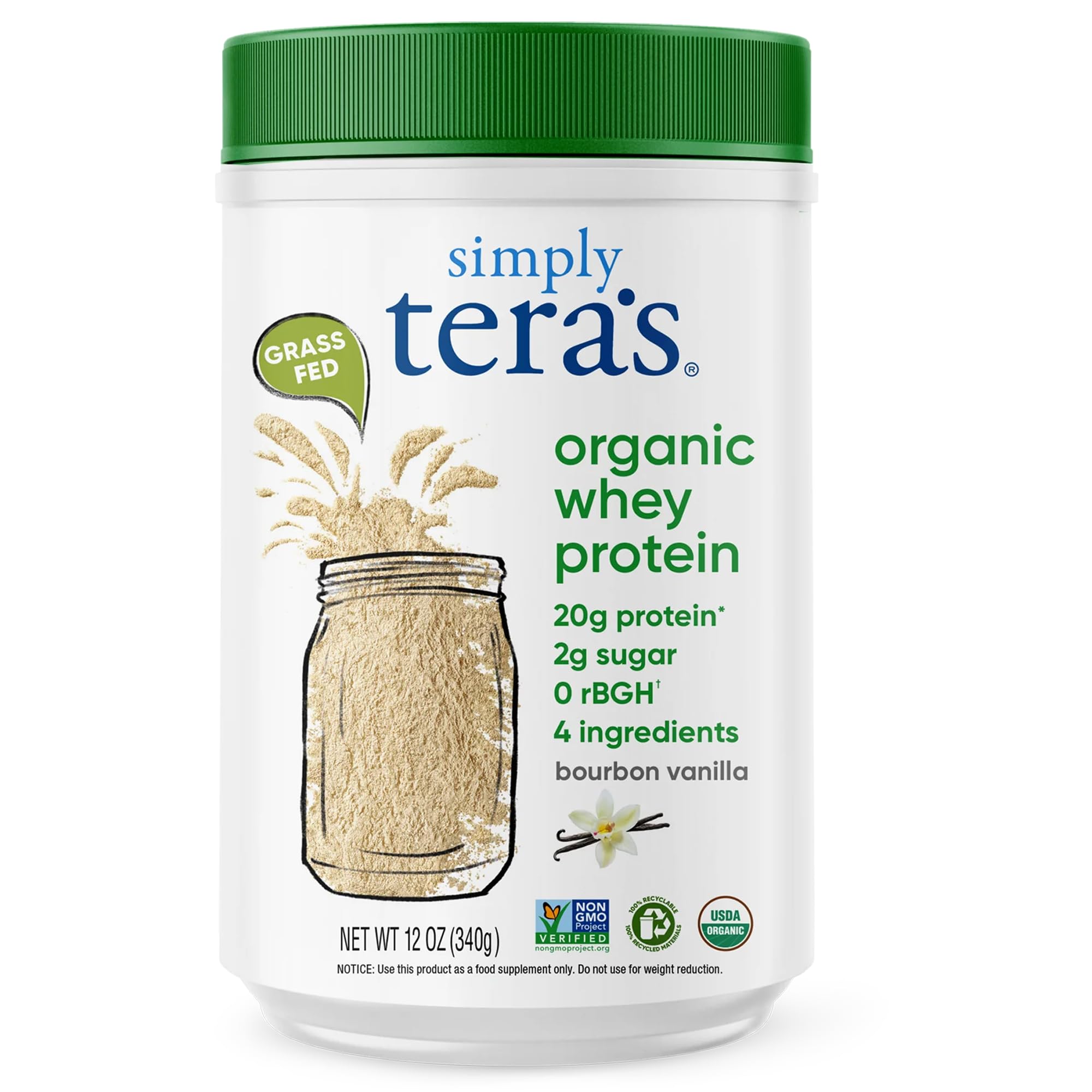 Simply tera's Organic Whey Protein Powder - Vanilla Protein Powder, Grass Fed, 20g of Protein Per Serving, Clean Ingredients, Without Artificial Sweeteners, Non-GMO, rBGH-Free - Vanilla, 12 Oz