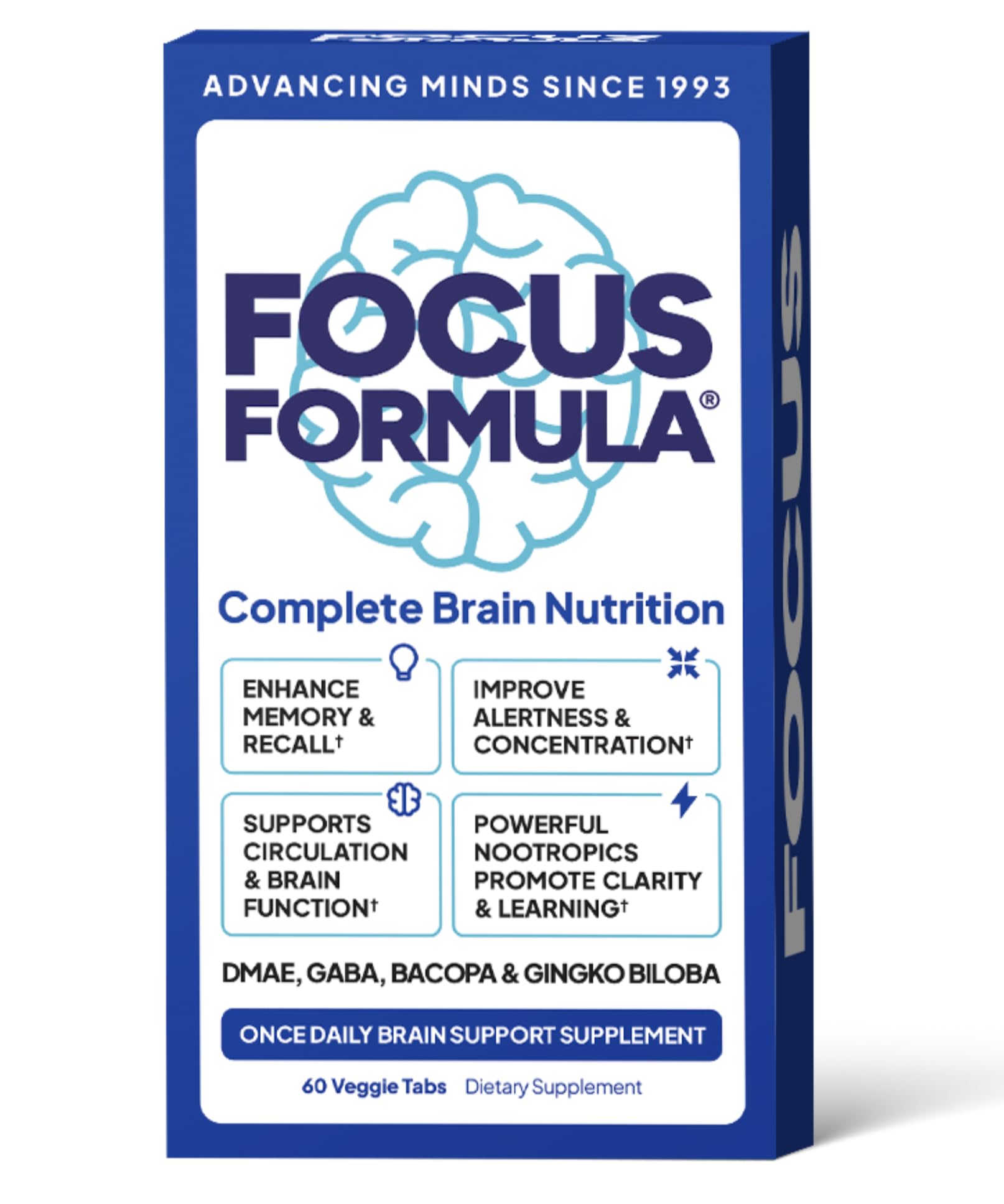 Nootropic Brain Supplement, Focus Capsules for Concentration, Supports Energy, Brain Booster with GABA, DMAE, and BACOPA, Memory Support Supplement, Cognitive Support, 60 Veggie Tablets