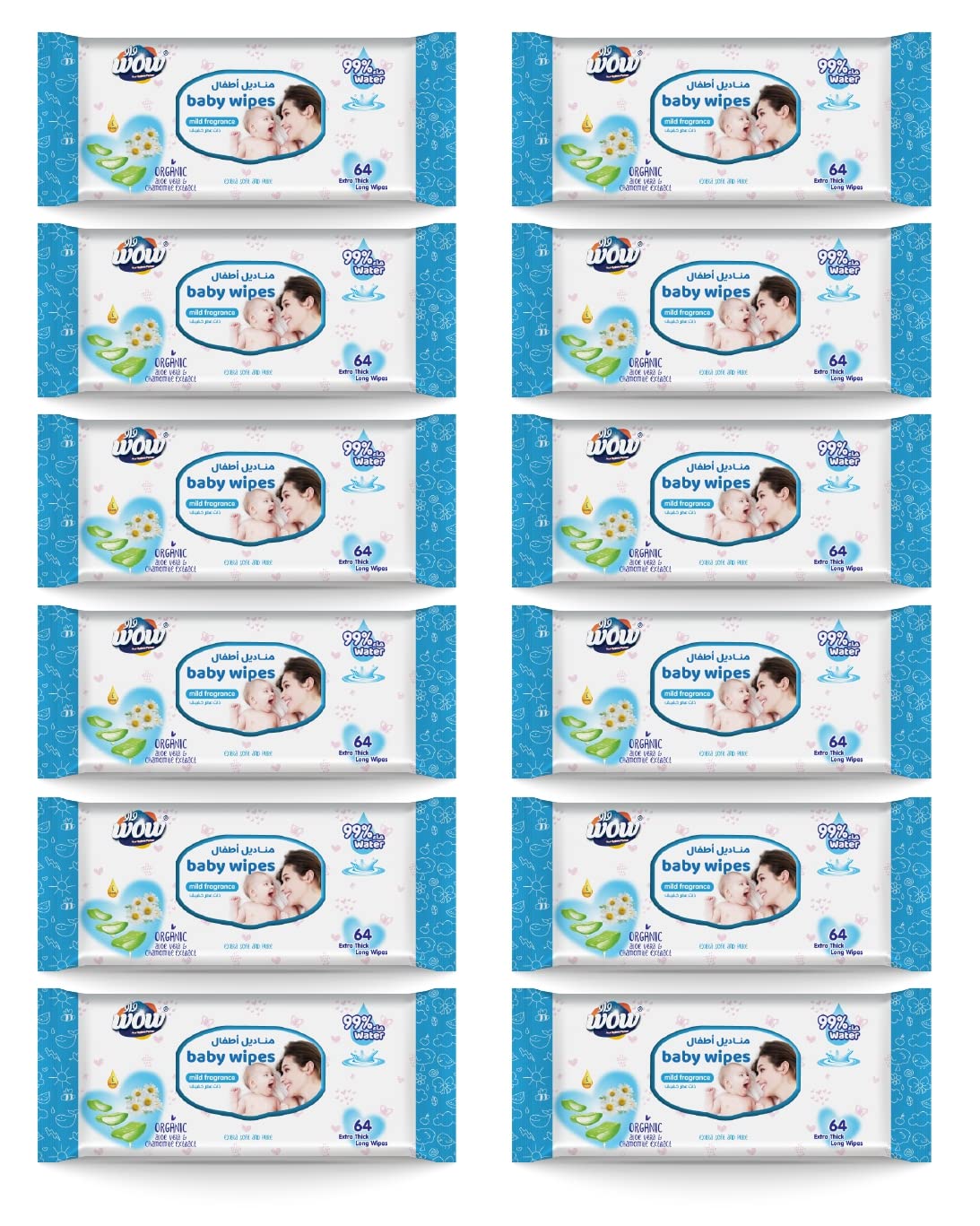 WOW99% Pure water Baby Wipes,768 wipes, Extra thick and Large, Alcohol & Paraben Free for Baby Sensitive Skin,Mild Fragrance, 768 Sheets, Pack of 12