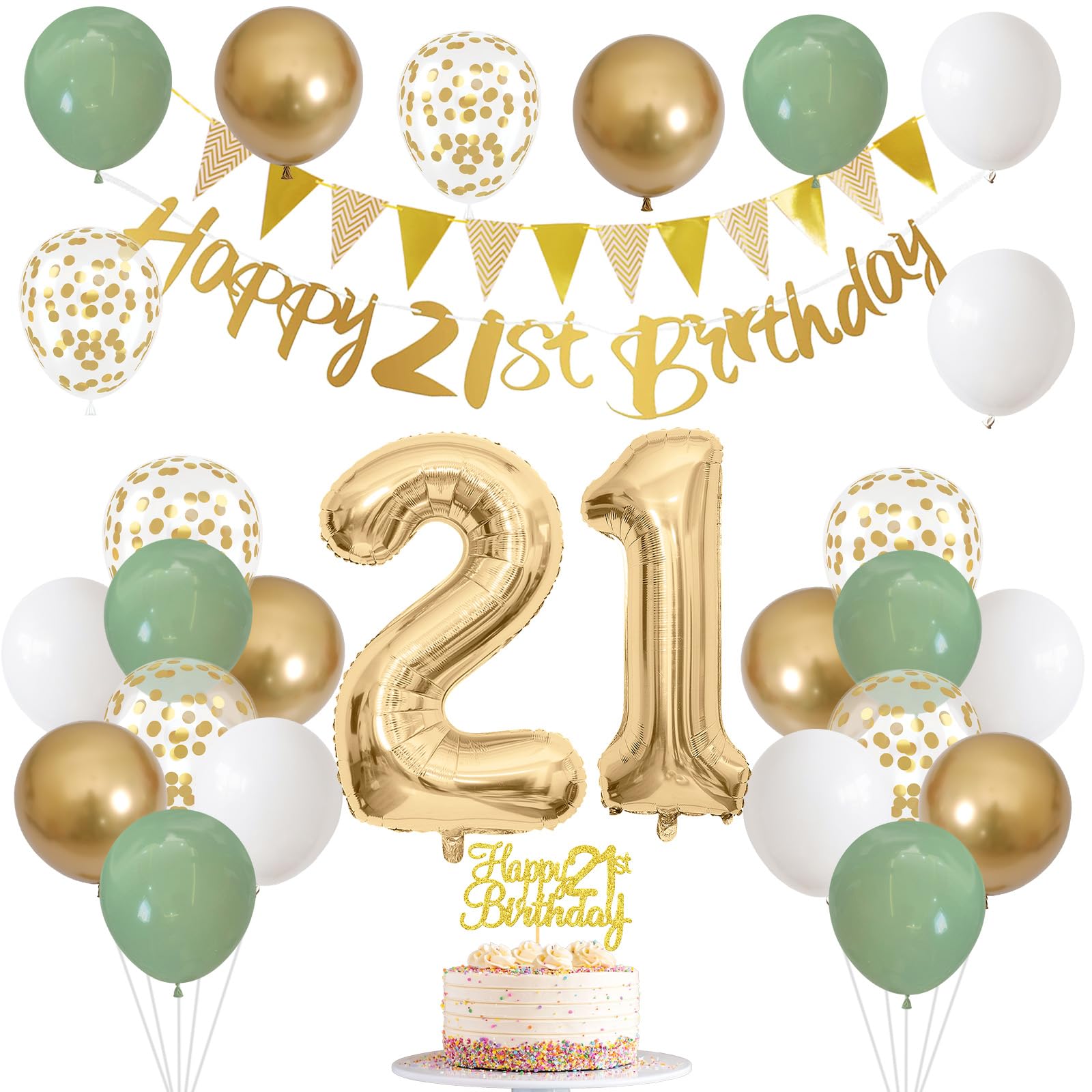 21st Birthday Decorations for Him Her, Happy 21st Birthday Banner with Birthday Cake Topper Number 21 Foil Balloon Sage Green White Gold Birthday Balloons for Men Women 21 Year Old Party Decoration