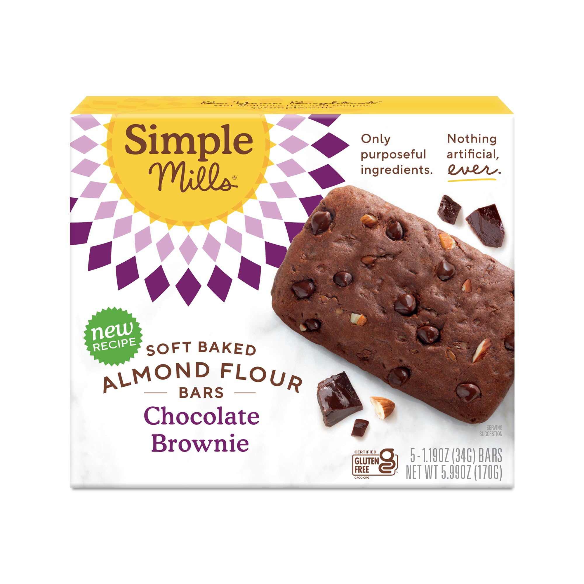 Simple MillsAlmond Flour Snack Bars (Chocolate Brownie) with Organic Coconut Oil, Chia Seeds, Sunflower Seeds, and Flax Seeds, 6oz, 1 Count