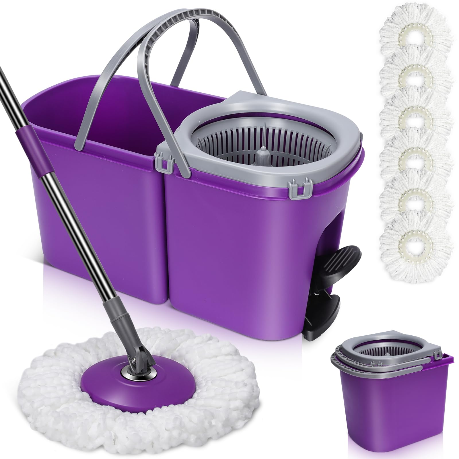 MasthomeMop and Bucket with Wringer Set, Detachable Easy Wring Spin Mop and Bucket with Foot Pedal, 47" Stainless Steel Handle & 6 Microfiber Mop Heads, Wet Dry Mop for Floor Cleaning-Purple