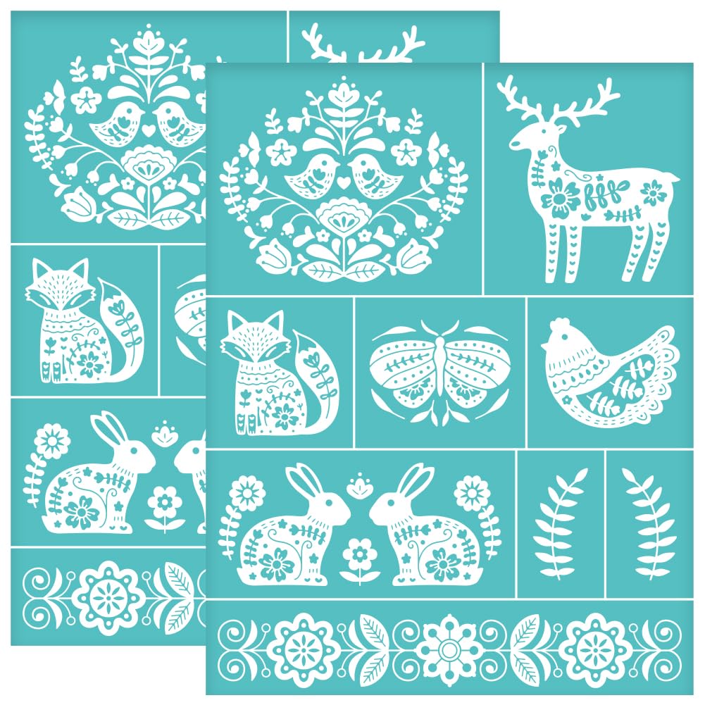 OLYCRAFT 2Pcs 8.6x11 Inch Folk Art Decorate Self-Adhesive Silk Screen Printing Stencil Fox Rabbit Silk Screen Stencil Bird Elk Butterfly Mesh Stencils Transfer for DIY T-Shirt Fabric Painting