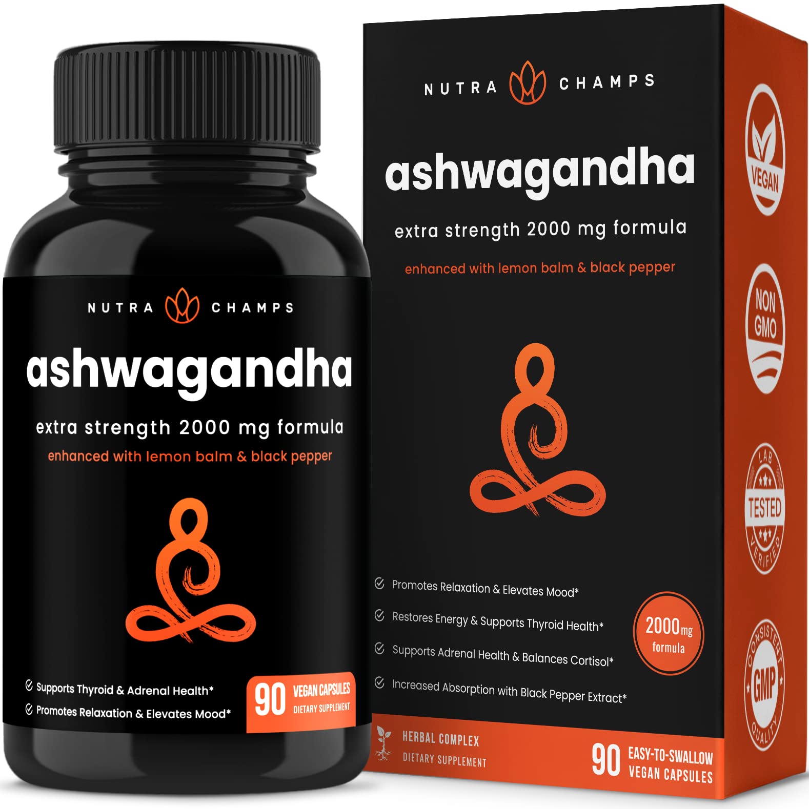 Organic Ashwagandha Capsules | 2000mg Adrenal Fatigue, Thyroid & Mood Support Ashwagandha Supplements | Ashwagandha Root Powder & Lemon Balm | Superior Absorption with Black Pepper | Vegan & Non-GMO