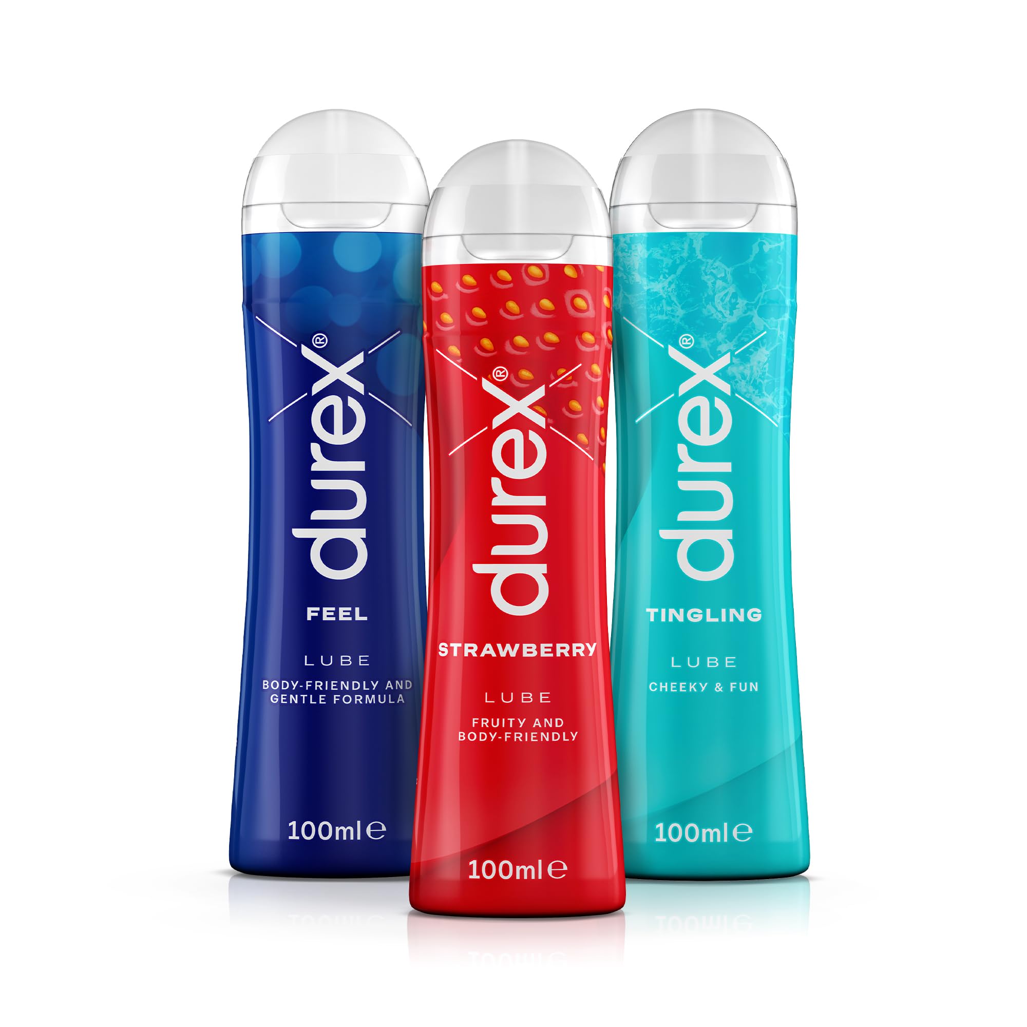 Durex Lube, Feel Play, Strawberry, Tingling, 100ml Each, (3 Pack, 300ml), Water Based, Glycerin Based, Condom and Toy Compatible