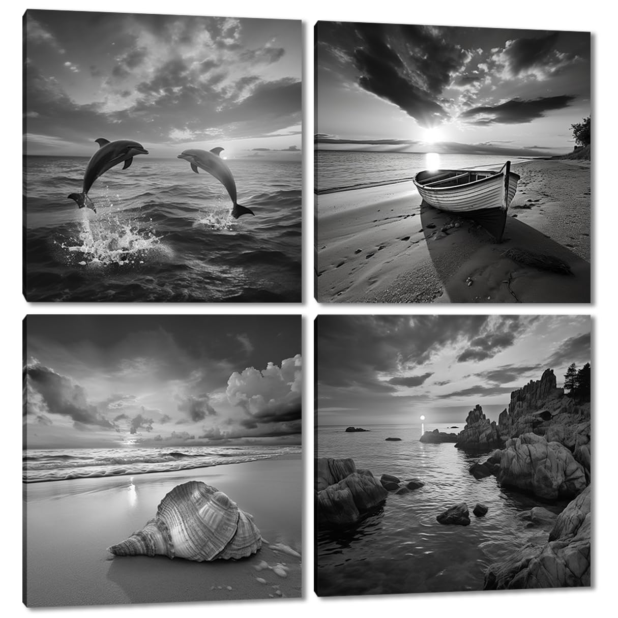 Black and White Beach Wall Art - 4 Panels Framed Grey Seascape Canvas Painting Double Dolphin Sandbeach Boat Sea snail Sunrise and Sunset Seascape Pictures Wall Decoration for Office Home 12x12 inches