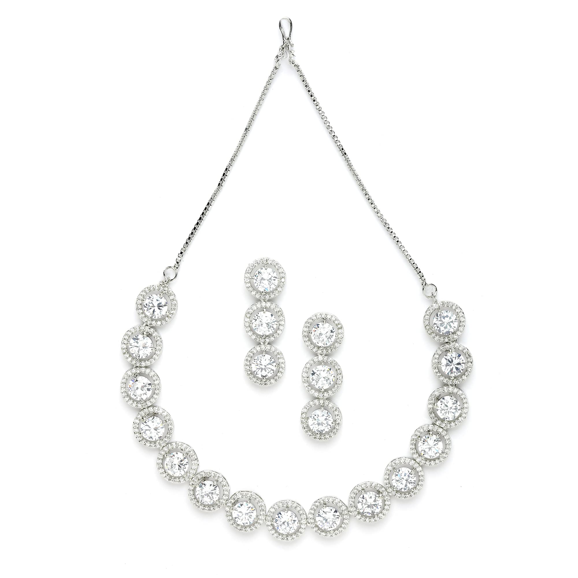 ZENEMERhodium-Plated with Silver-Toned Circular Shape White American Diamond Studded Jewellery Set