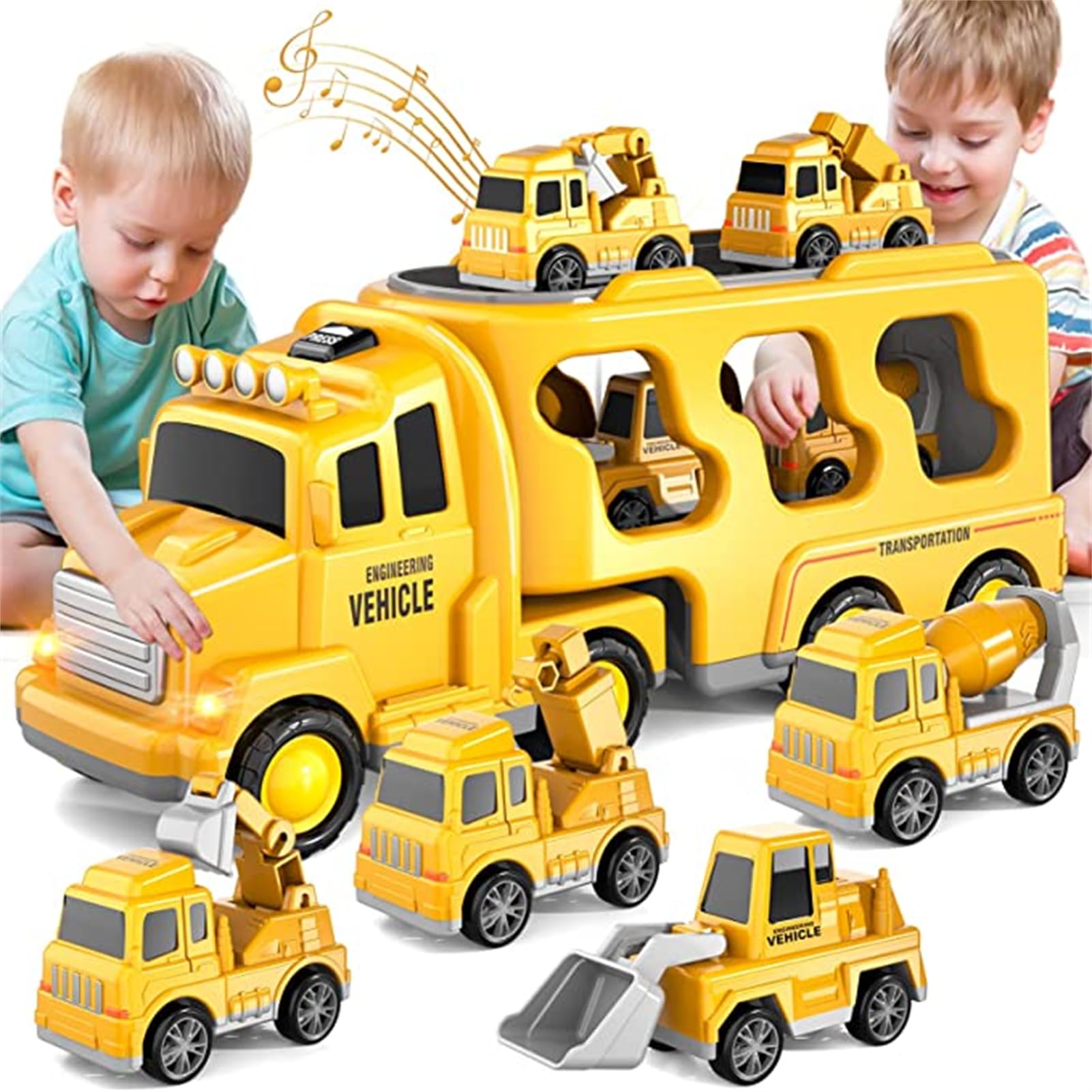 TOYBY Construction Vehicle Toys for Kids, 5-in-1 Friction Power Vehicle Car Toy for Boys 3-5 Years Old, Toddler Trucks Toys Carrier Truck Toys for Boys, Christmas Birthday Gifts for Girls Age 3-9