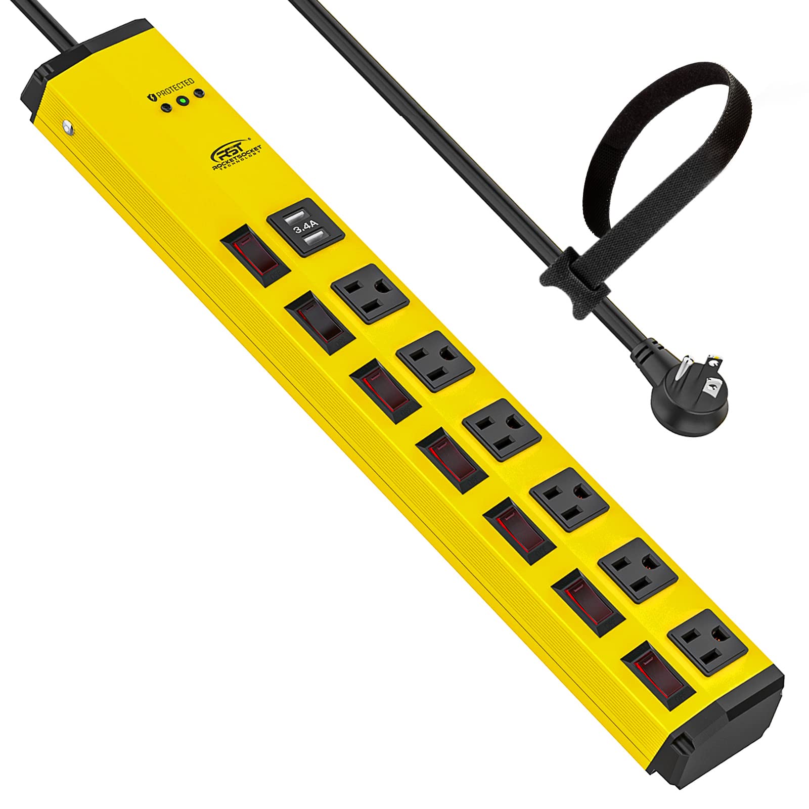 CRST 6-Outlet Heavy Duty Power Strip with USB and Individual Switches, 1200 Joules Metal Mountable Surge Protector Power Strip 15A Circuit Breaker, 6FT Extension Cord for Garage, Workshop, Home