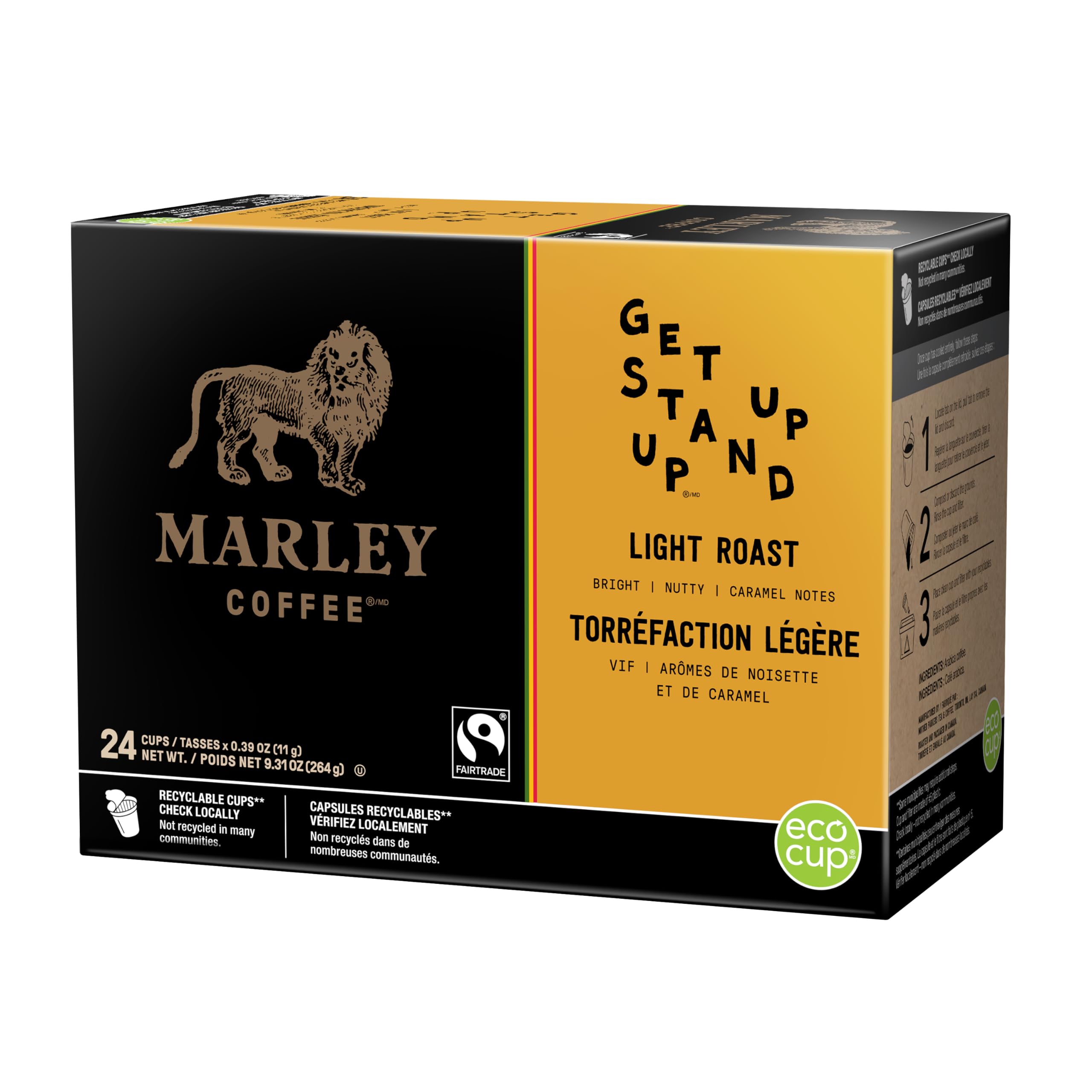 Marley CoffeeGet Up Stand Up, Fairtrade Certified, Light Roast Coffee, Keurig K-Cup Brewer Compatible Pods, 24 Count