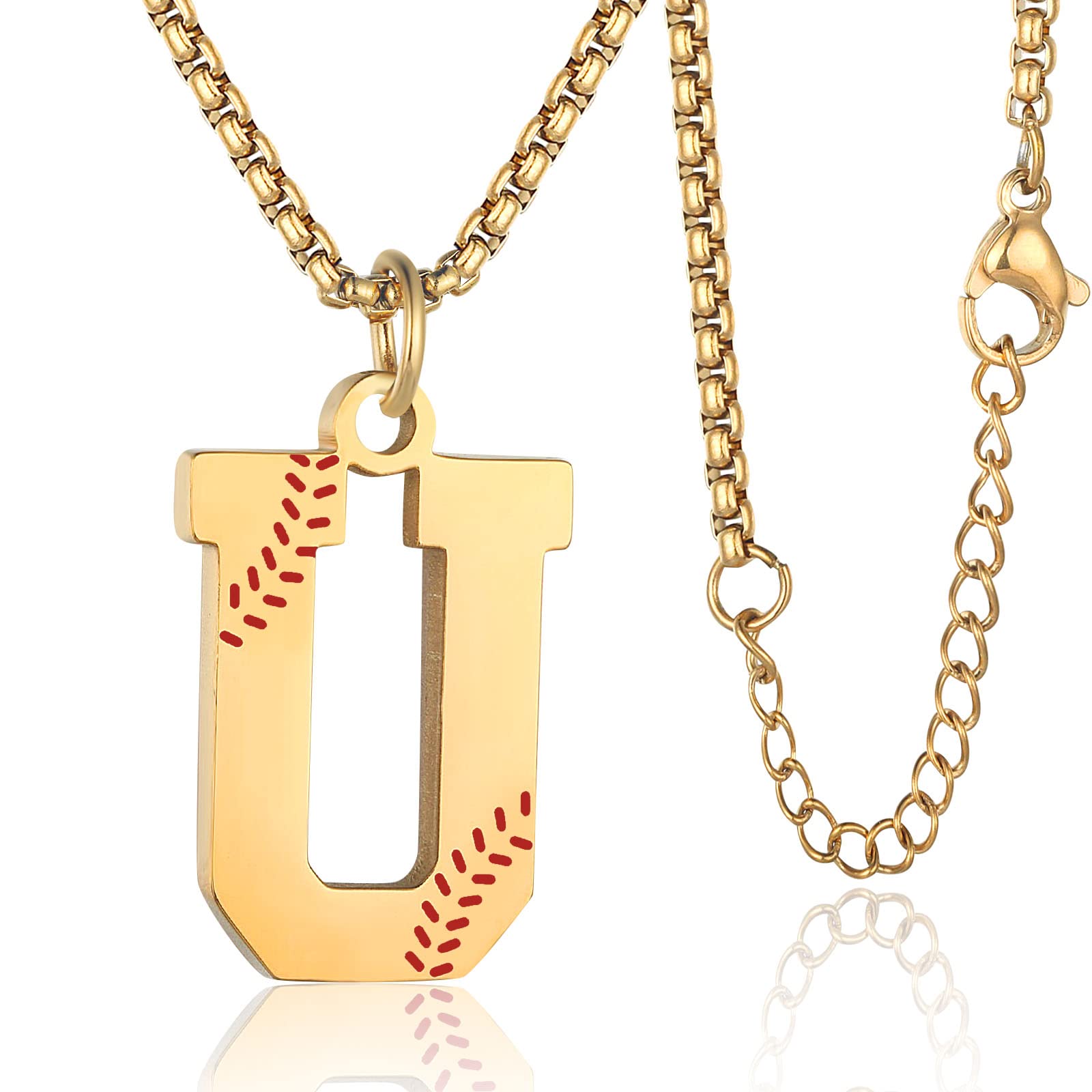 Susook Baseball Initial Necklace for Boys Baseball A-Z Letter Charm Pendant Stainless Steel Chain 22+2 inch Personalized Baseball Gift for Men Women Girls, Stainless Steel, No Gemstone