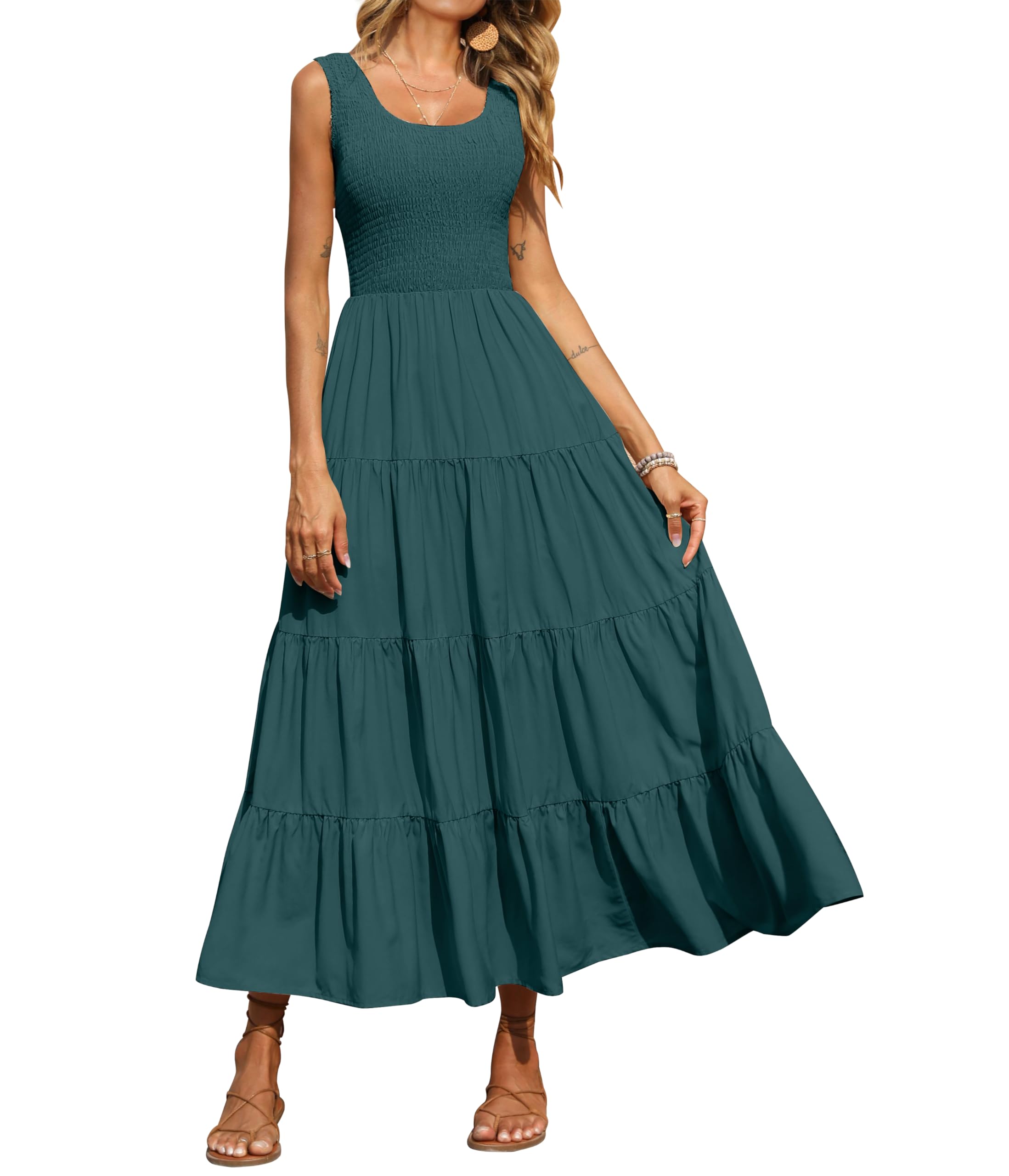 PRETTYGARDEN Women's 2023 Casual Loose Plain Maxi Sundress Smocked Tank Dress Sleeveless Summer Beach Tiered Long Dresses