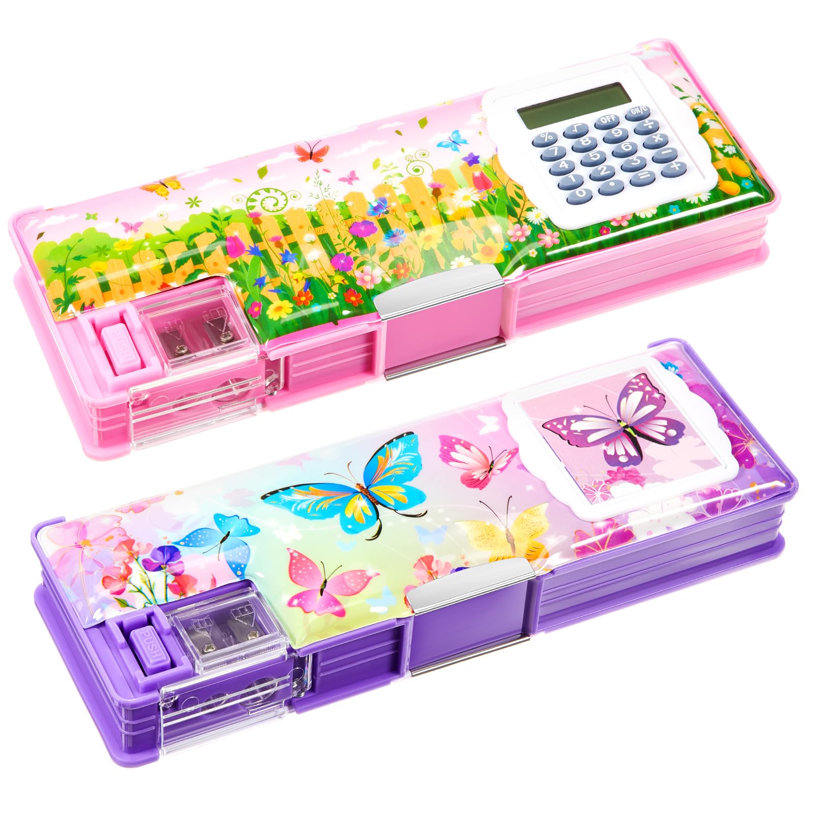 Henoyso 2 Pcs Multifunctional Pencil Box for Girls Cute Pencil Case Plastic Pencil Case with Calculator and Pencil Sharpener Pencil Pouch Gifts (Flower, Butterfly)