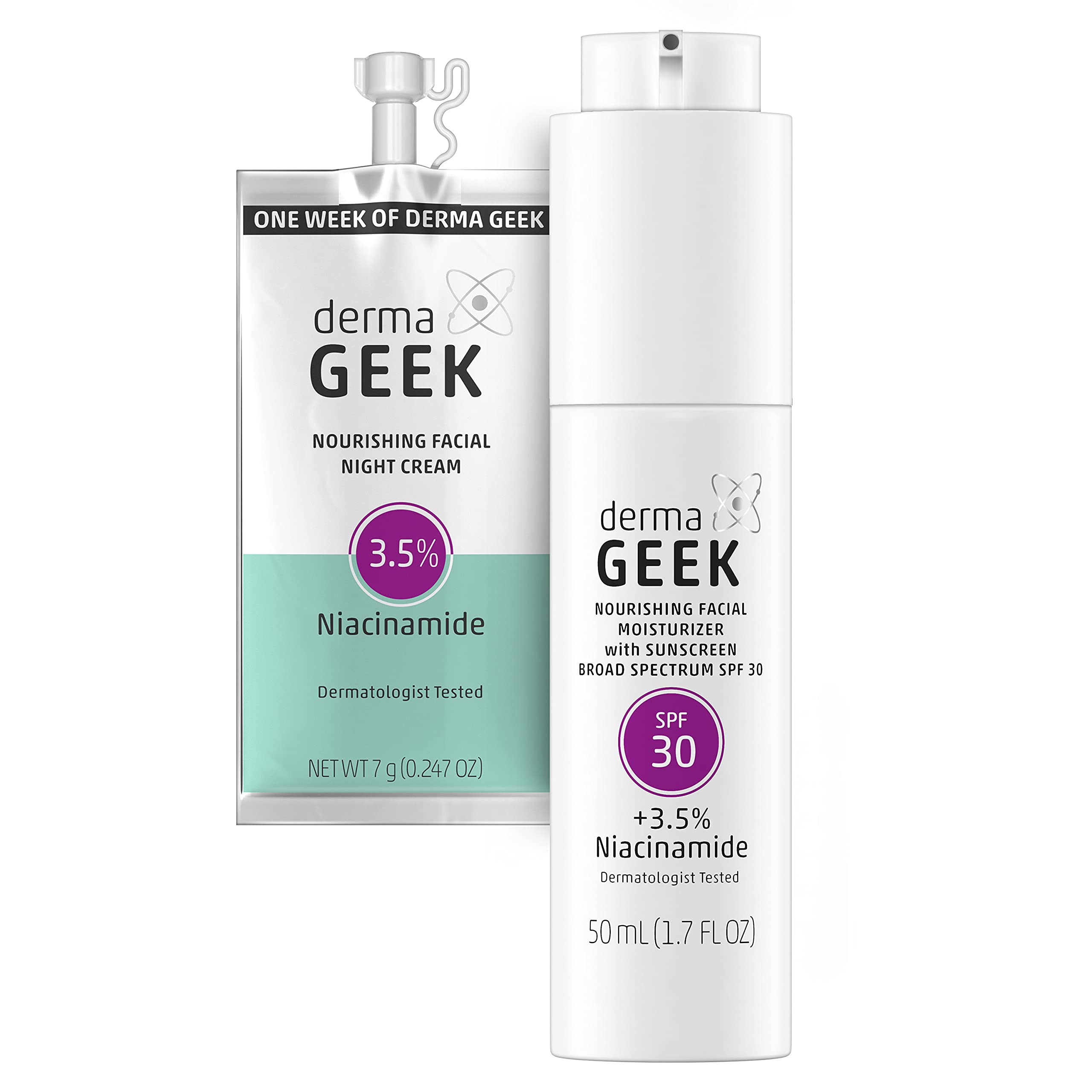 dermaGEEK Moisturizing Combo Gift Set | Nourishing Facial Moisturizer with Sunscreen Broad Spectrum SPF 30, 1.7 FL OZ + Nourishing Facial Night Cream Travel/Trial Size