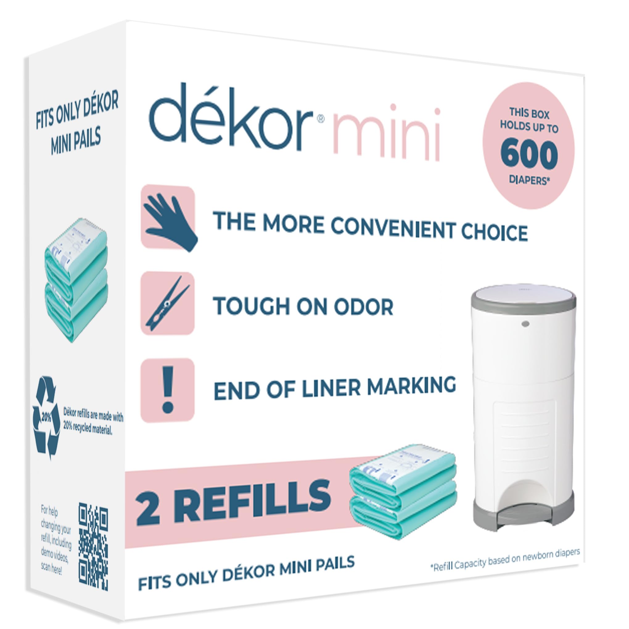 Diaper Dekor Mini Diaper Pail Refills | 2 Count | Most Economical Refill System | Quick & Easy to Replace | No Preset Bag Size Use Only What You Need | Exclusive End-of-Liner Marking