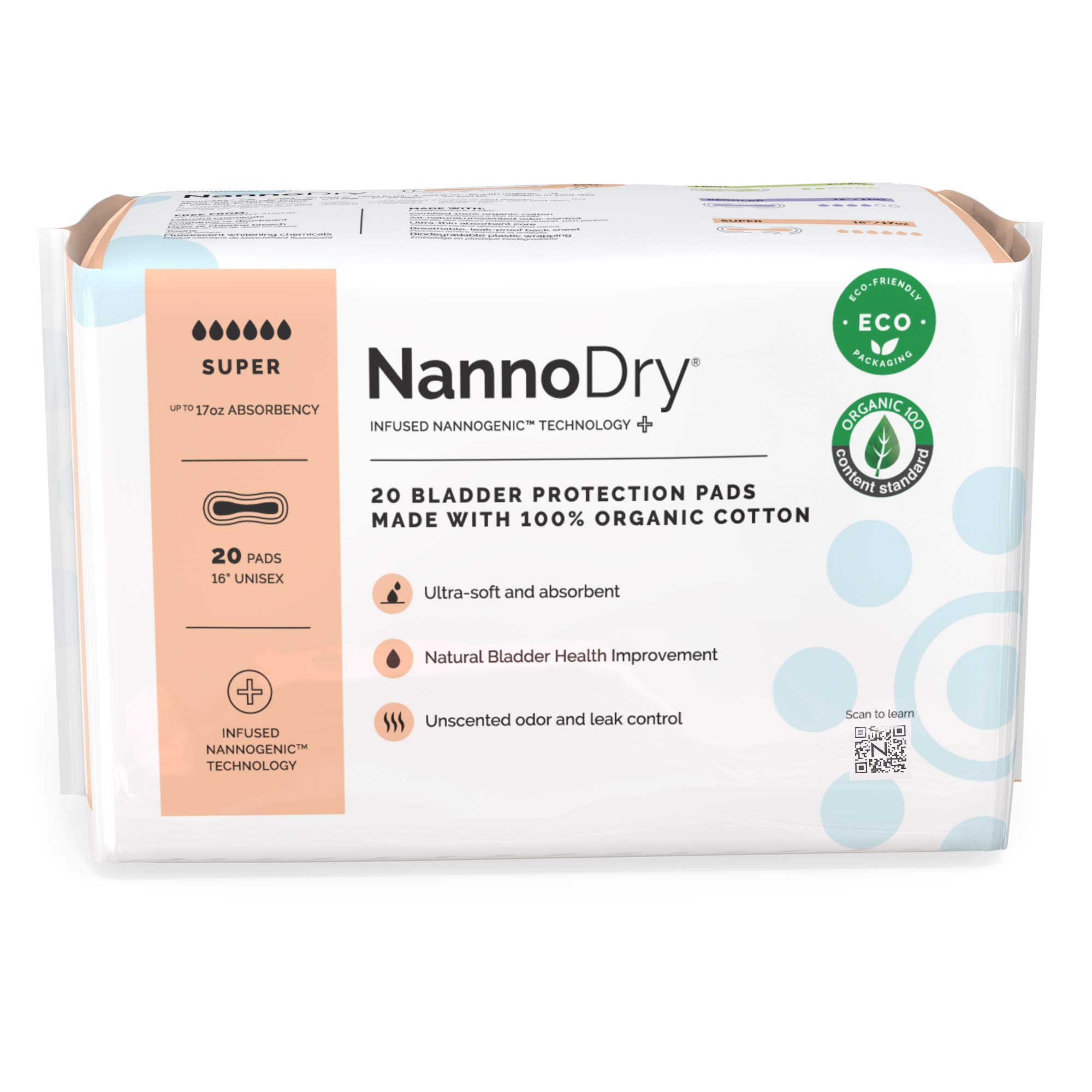 NannoDry Natural Incontinence Pads - Organic Cotton Bladder Leakage Pads - Extra Large Pads for Incontinent Adults - Superdry (20 Count (Pack of 1) - 16" Long