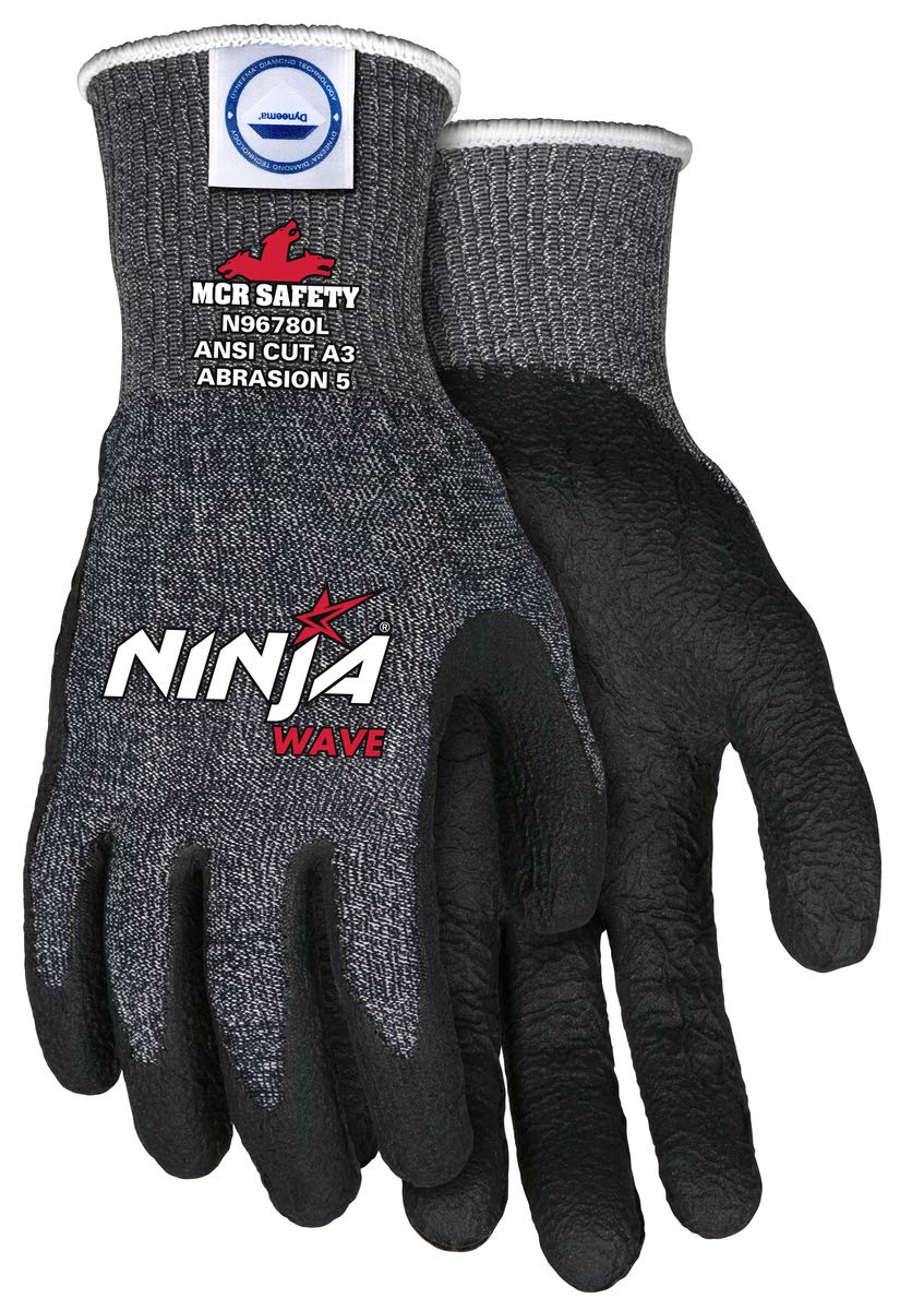 MCR Safety Ninja Wave N96780 Work Gloves, 13 Gauge Dyneema Diamond Shell, Nitrile Wave Coated Palm & Fingertips, Medium