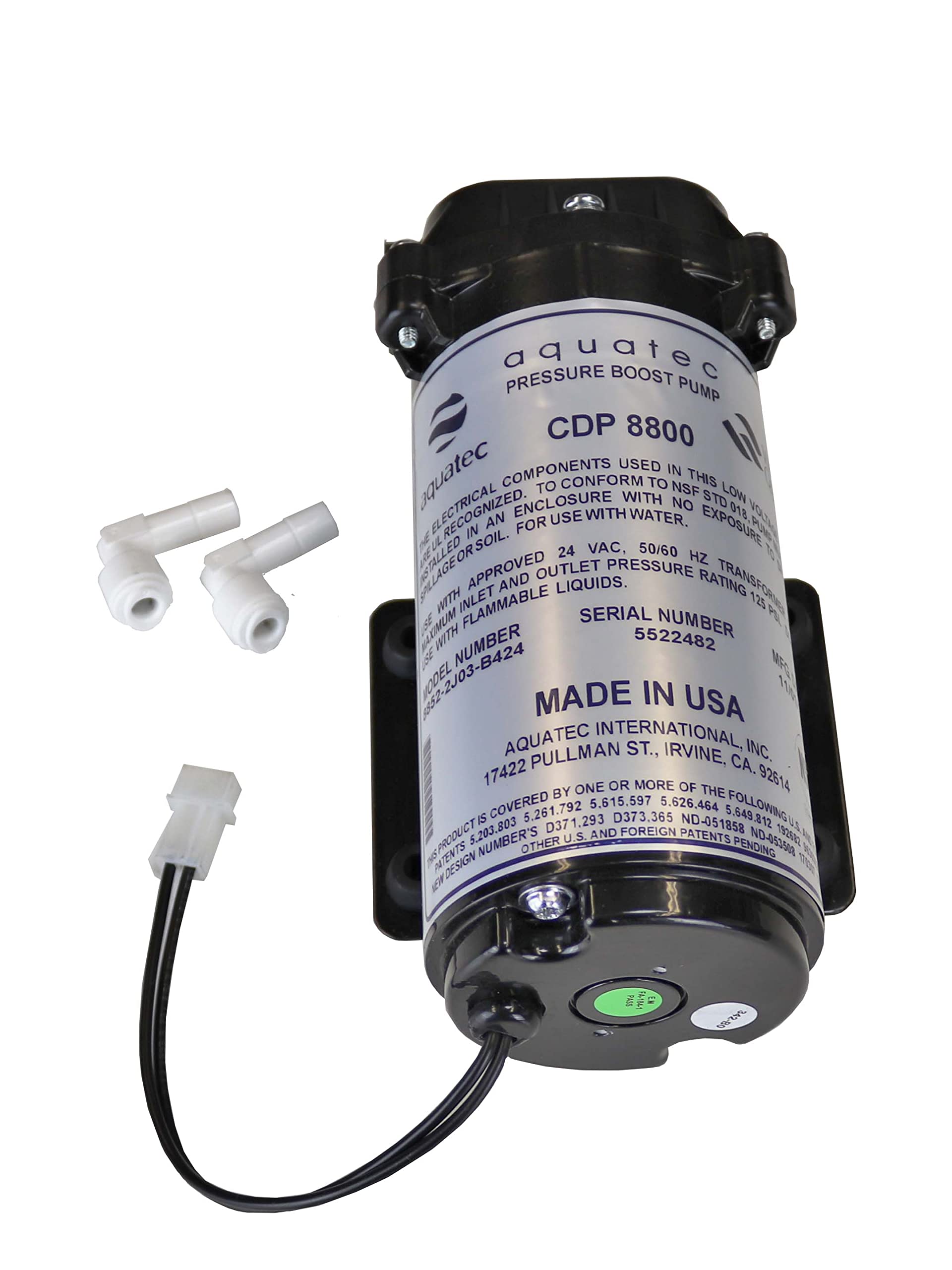 Aquatec 8800 series 8852 water pressure boost pump (pump only), 2.6LPM 24VAC for aeroponics or 100GPD to 200GPD RO systems