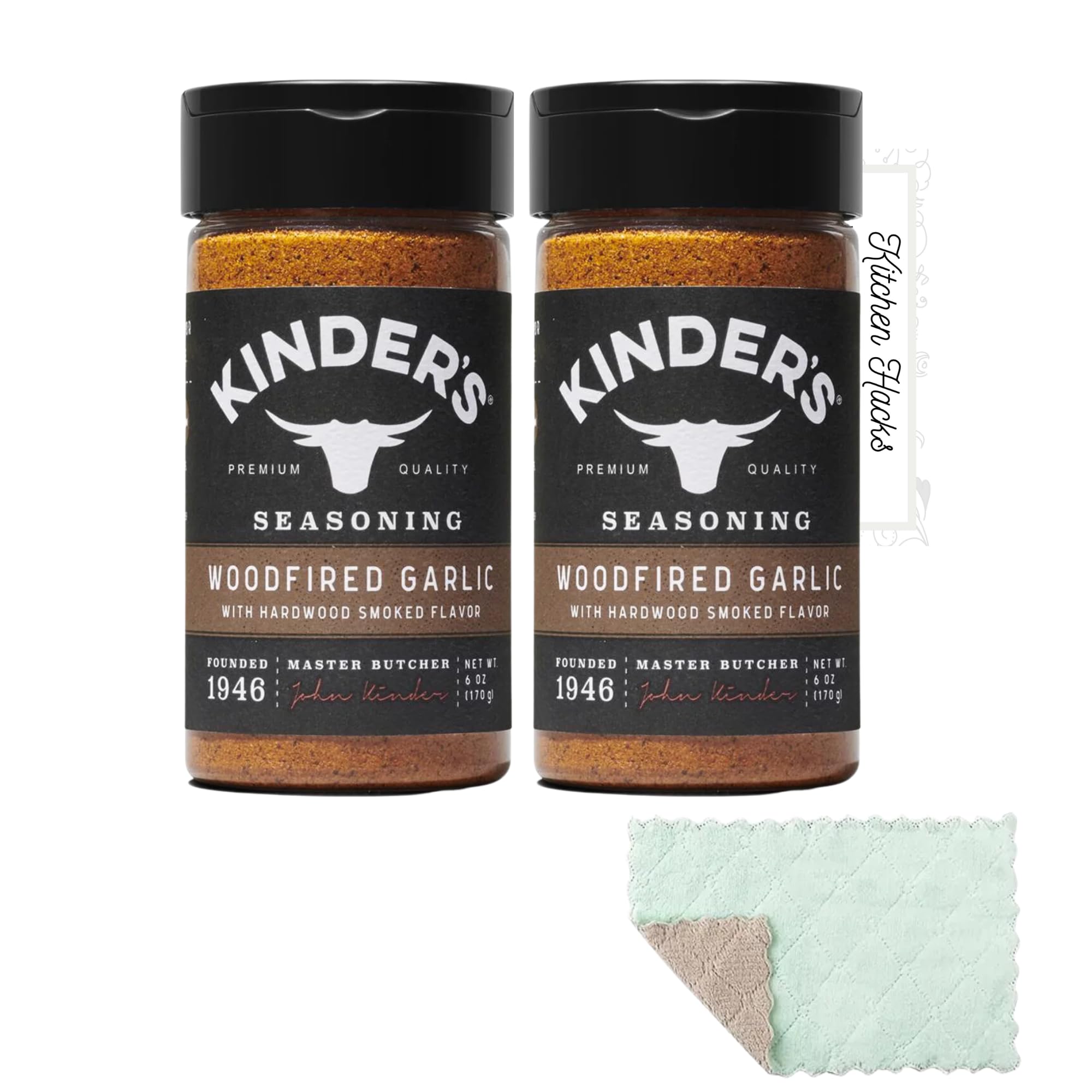 Kinders Woodfired Garlic Seasoning 2 Pack (6 oz) Bundled with Microfiber Wash Cloth and Kitchen Hack Card by Amcient