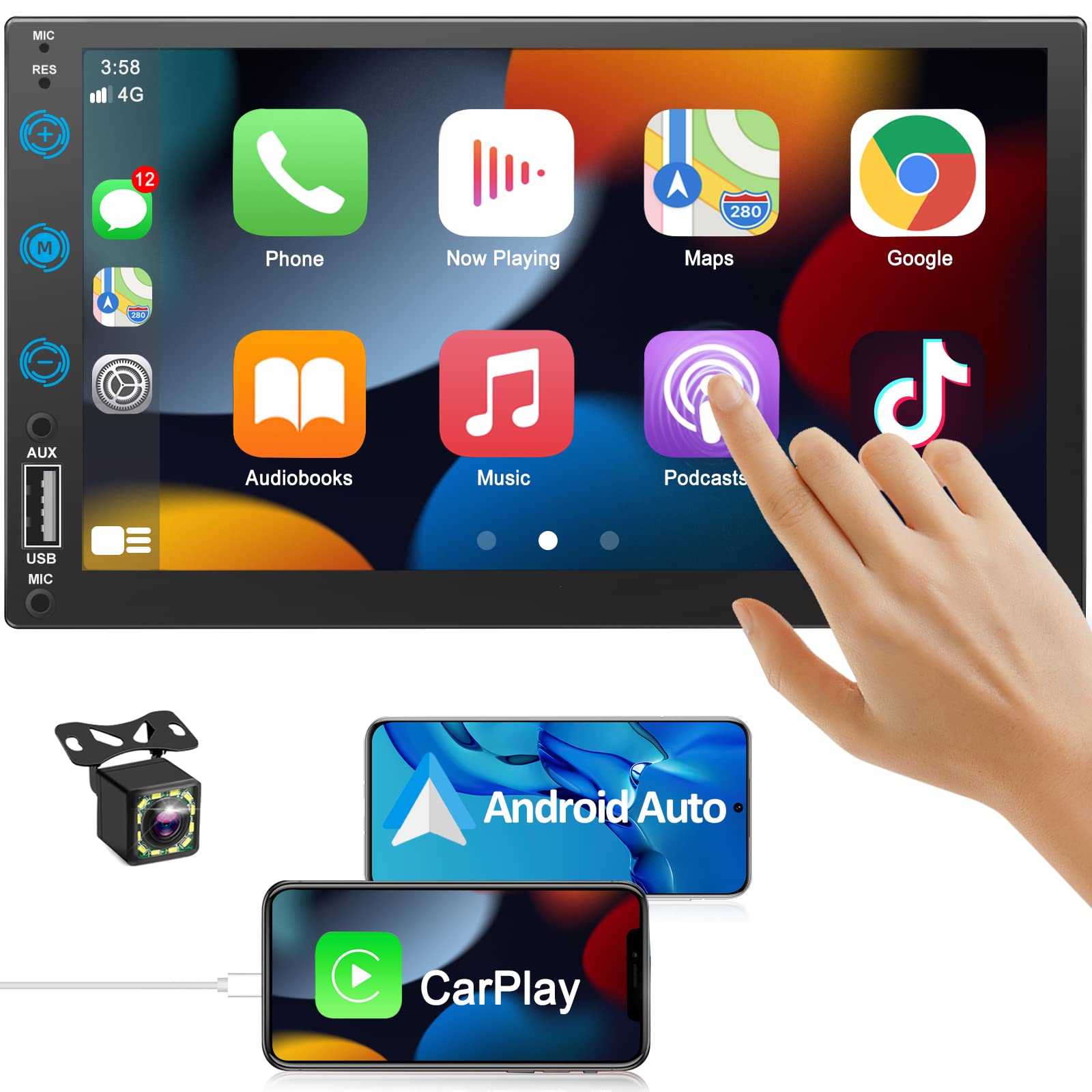 7" Carplay Screen for Car, Voice-Control Double Din Car Stereo, Bluetooth 5.3 Touchscreen Car Audio Receiver for Android Auto, for Apple Carplay, Car Player with Backup Cam/Mirror Link, USB/AM/FM