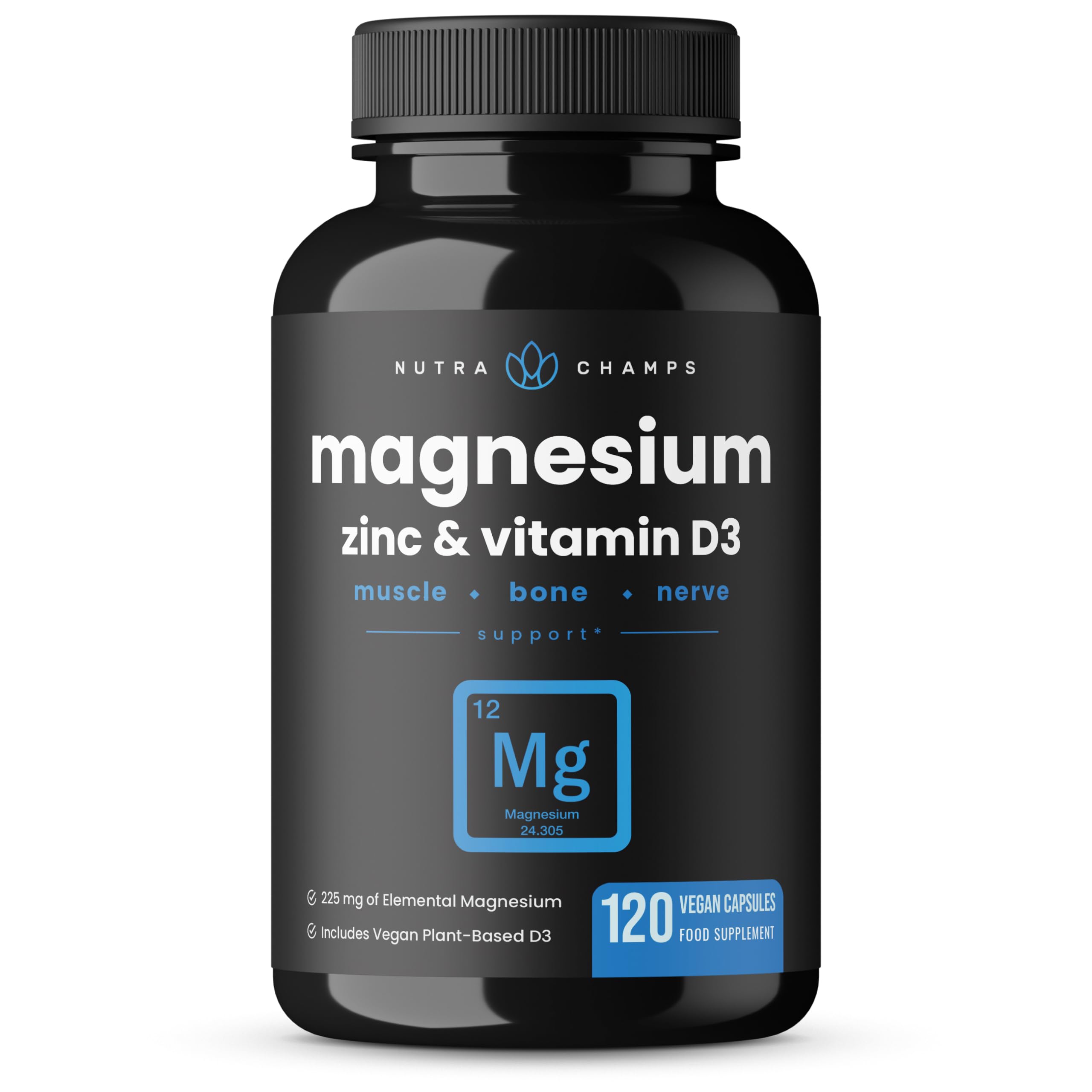 NutraChamps Magnesium Zinc & Vitamin D3 Supplement - Most Bioavailable Forms; Magnesium Glycinate, Malate, Citrate - Bone, Muscle & Heart Health, Immune Support - 120 Vegan Capsules