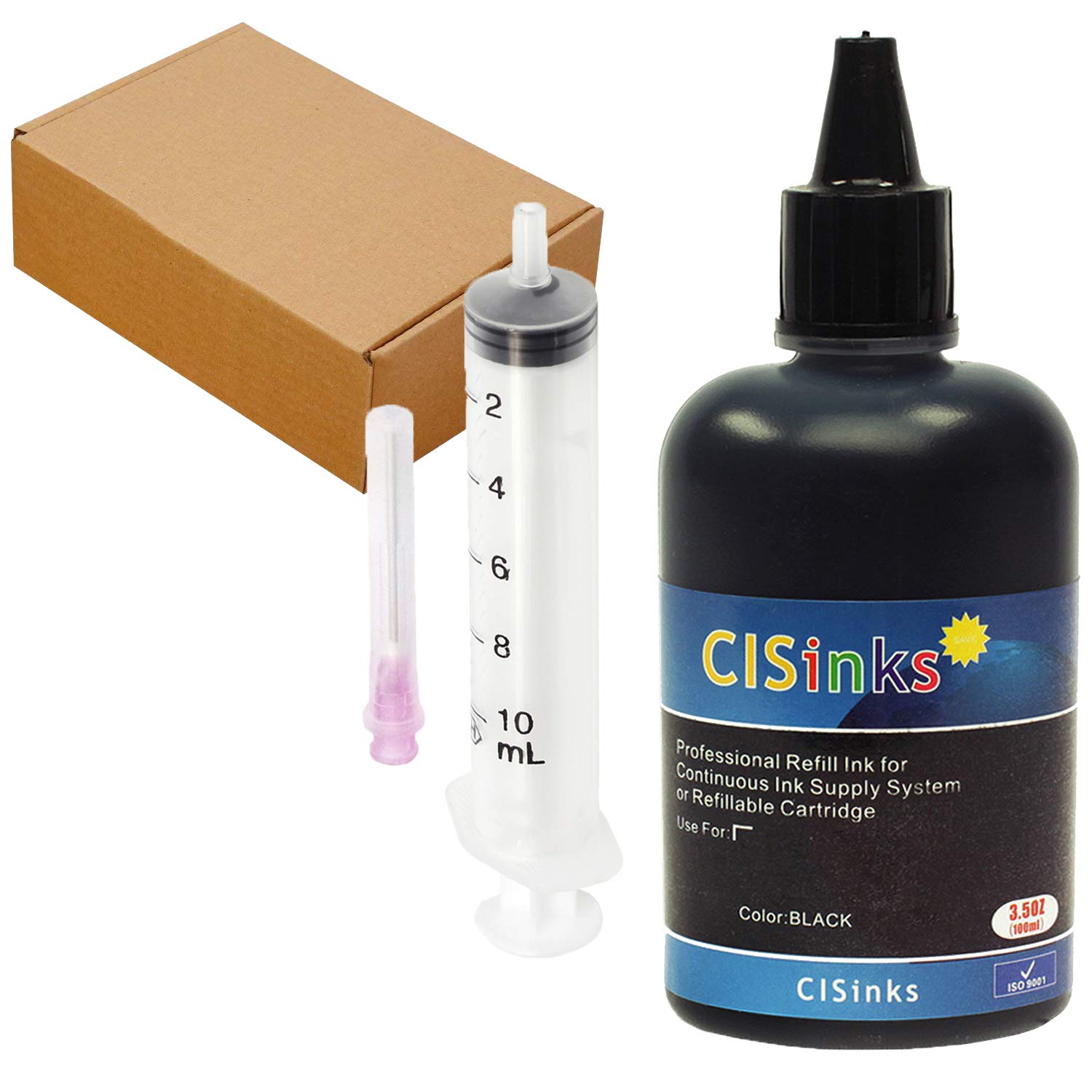 CISinks Standard Universal Black Refill Ink -100 ml (3.5 oz) Dye-Based Ink for All Printers + Refill Tool Kits Blunt Injectors