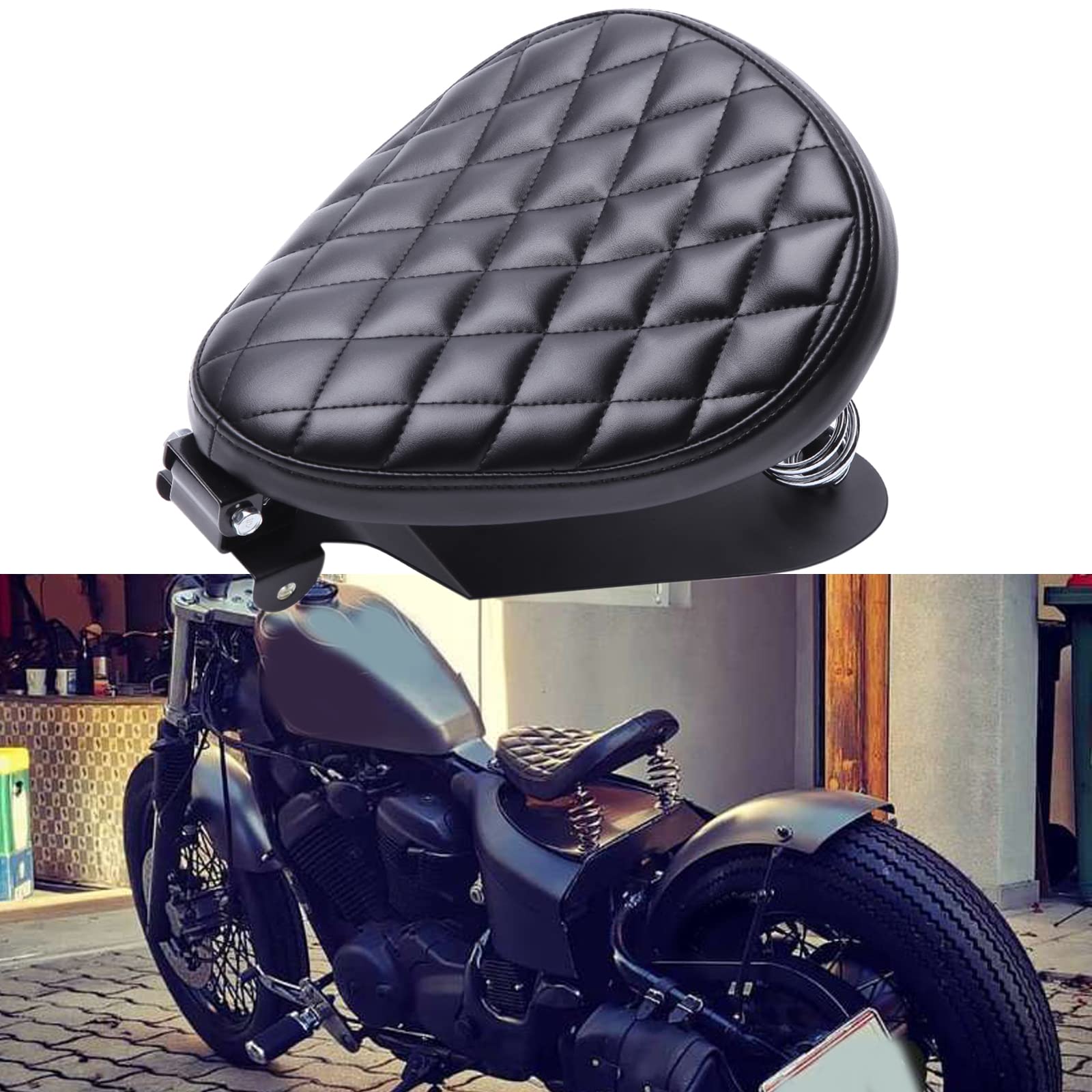 Rich Choices Black Motorcycle Solo Seat Spring With Base For Compatible with Harley Yamaha Kawasaki Suzuki Sportster Bobber Chopper (Black-Diamond)