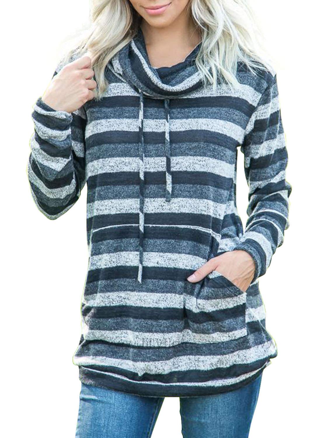 Womens Cowl Neck Striped Long Sleeve Sweatshirt Drawstring Casual Pullover