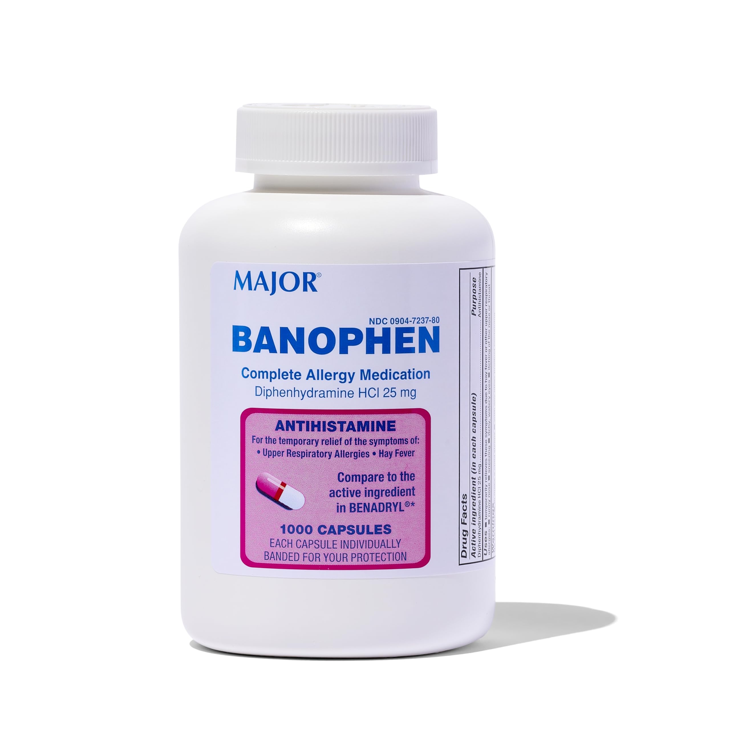 Major Banohpen - Complete Allergy Medication - Diphenhydramine HCI 25 Mg - Antihistamine - 1000 Capsules