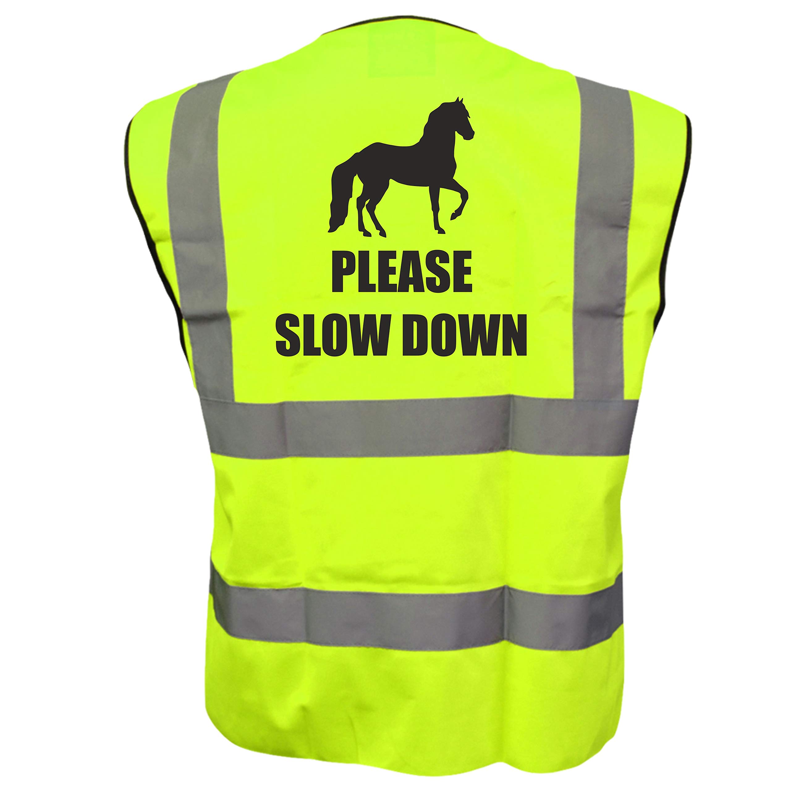 Equine PLEASE SLOW DOWN Vest Waistcoat Equestrian Safety Reflective Plus a Brook Hi Vis UK Discount Code for your next order