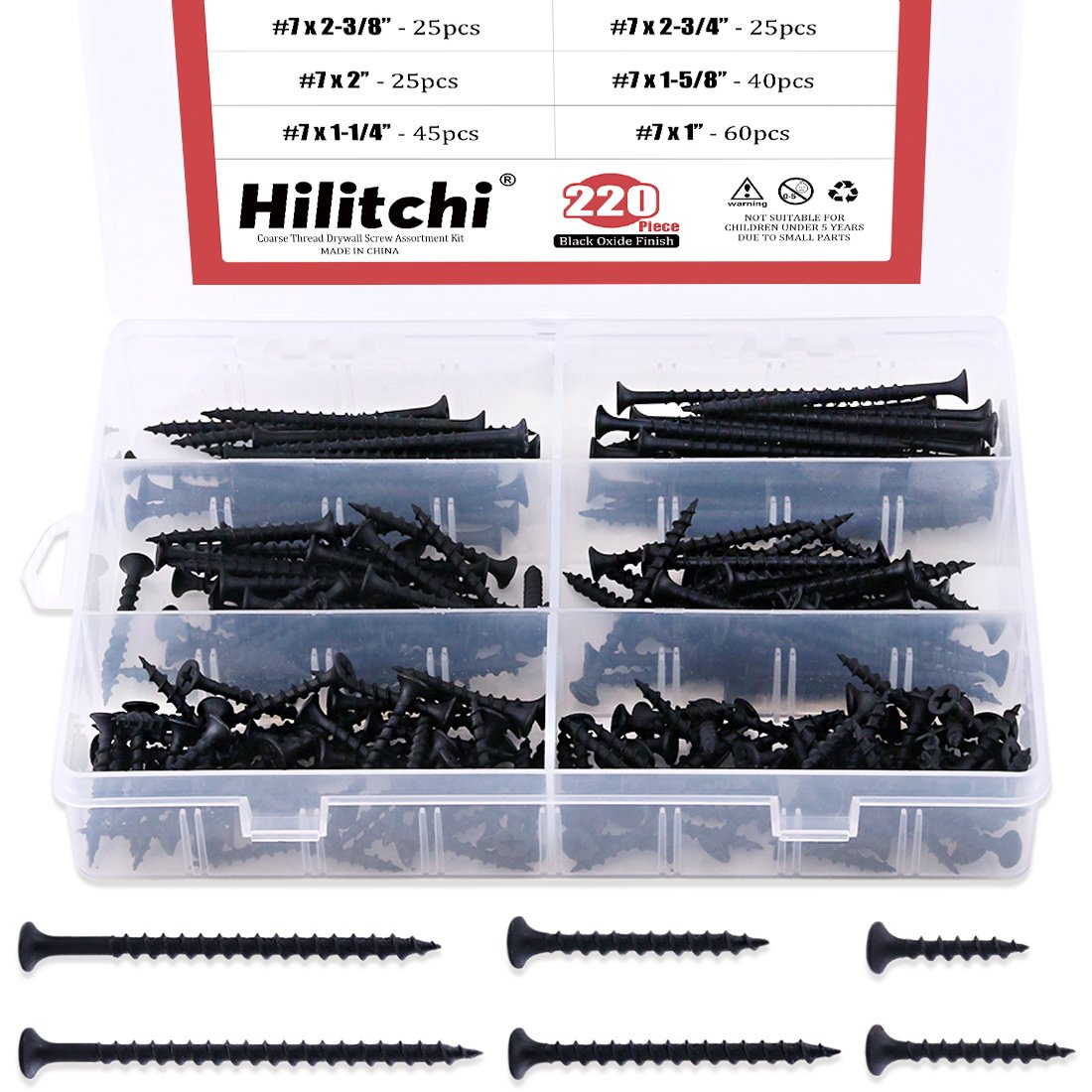 Hilitchi 220-Pcs #7 Coarse Thread Drywall Screw Assortment Kit, Bugle Head, Phillips Drive, Black Oxide Finish, for Drywall Sheetrock, Wood - [6 Different Size]