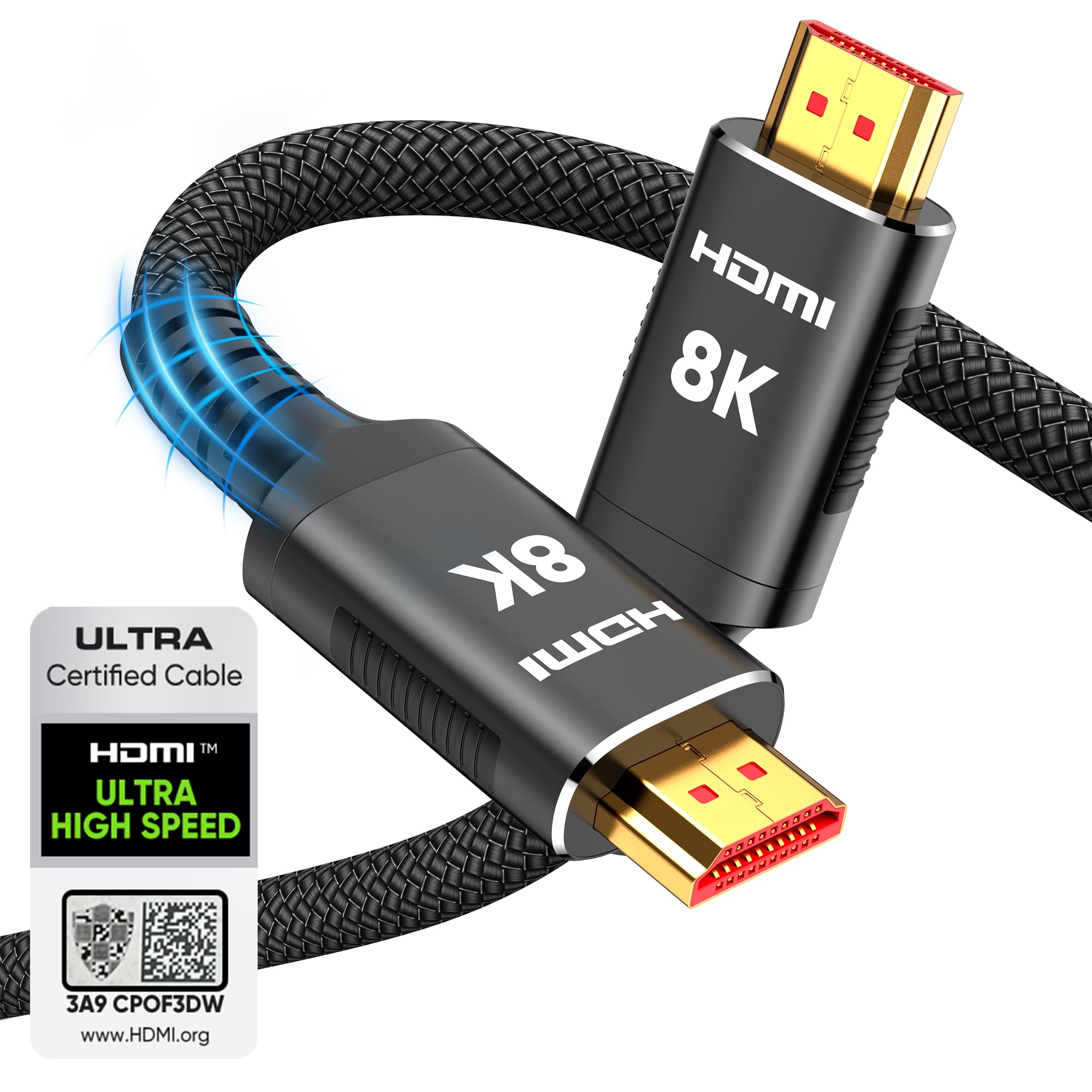 Snowkids 8K Certified HDMI 2.1 Cable 10 ft, 48Gbps Ultra High-Speed HDMI Cables Cord, 10K 8K@60Hz, 4K@120Hz Compatible for TV/Laptop/Monitor/PS5/Xbox/Projector/Entertainment/Sound System & More