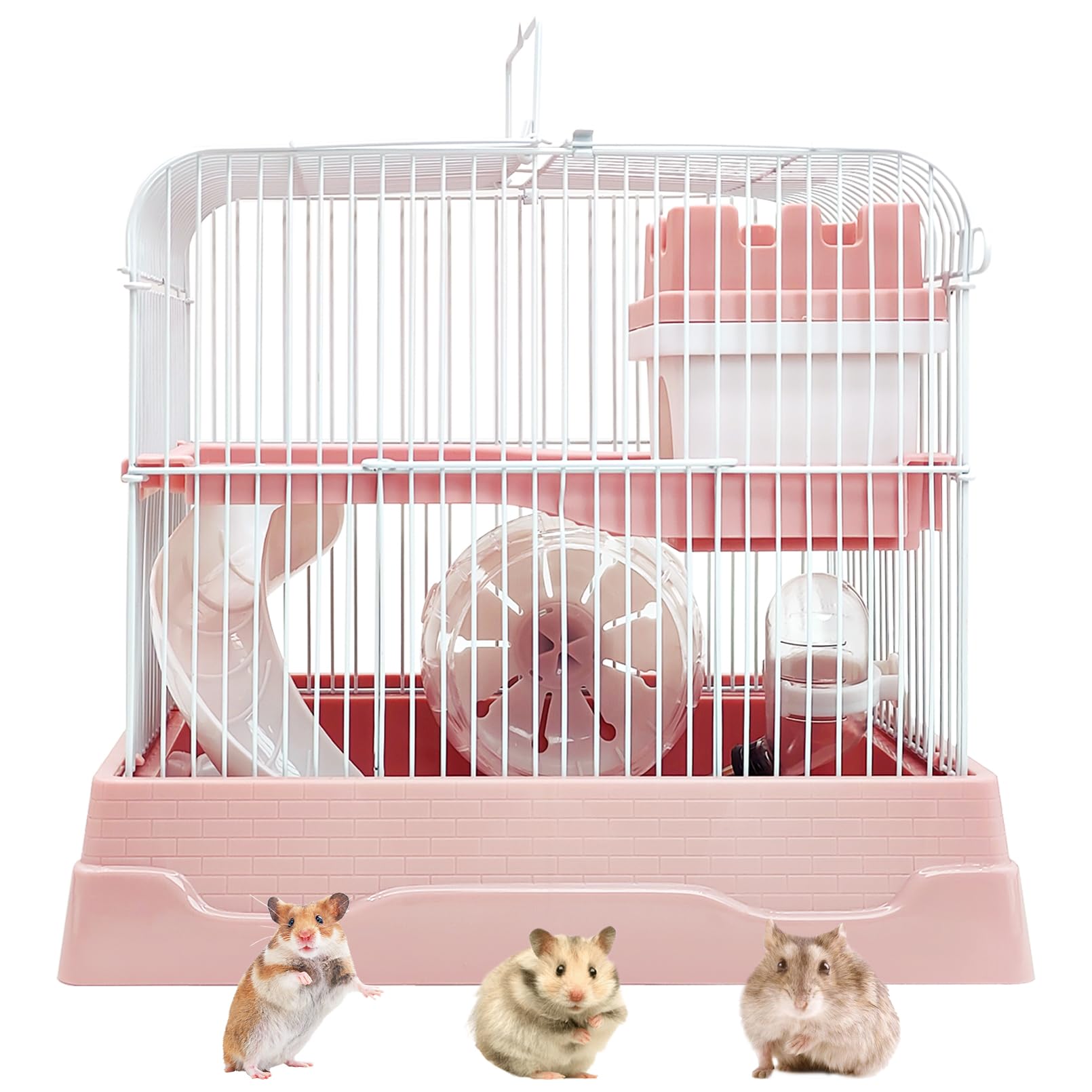 PINVNBY 2-Tier Dwarf Hamster Cage, Travel Portable Mouse Cage Gerbil Cages and Habitats Small Animal Carrier with Castle House Running Exercise Wheels, Water Bottle and Food Dis