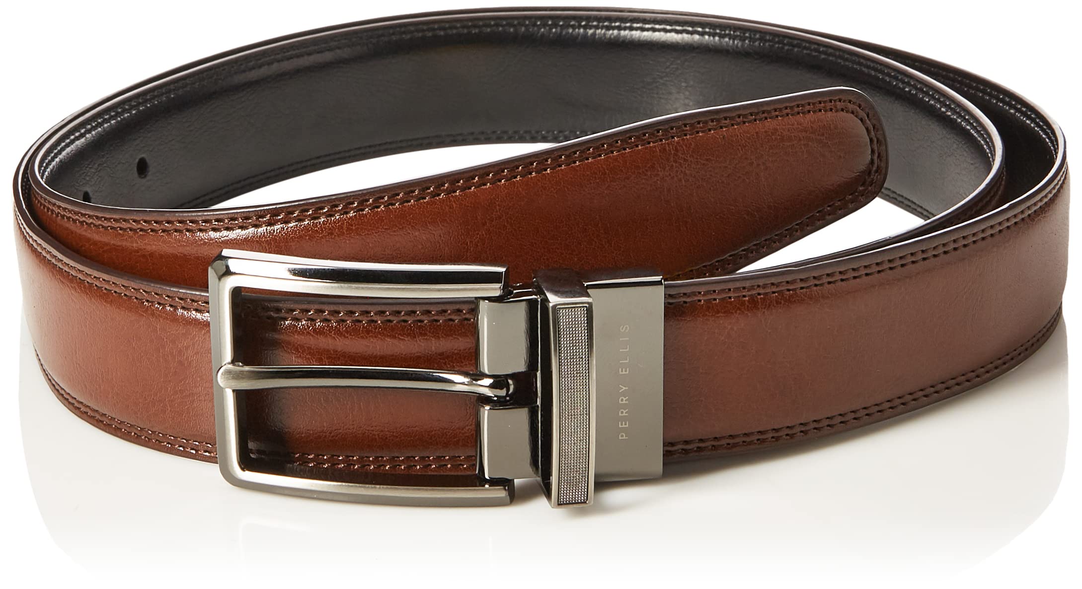 Perry Ellis Men's Portfolio Double Stitched Leather Reversible Belt (Sizes 30-42 Inches)