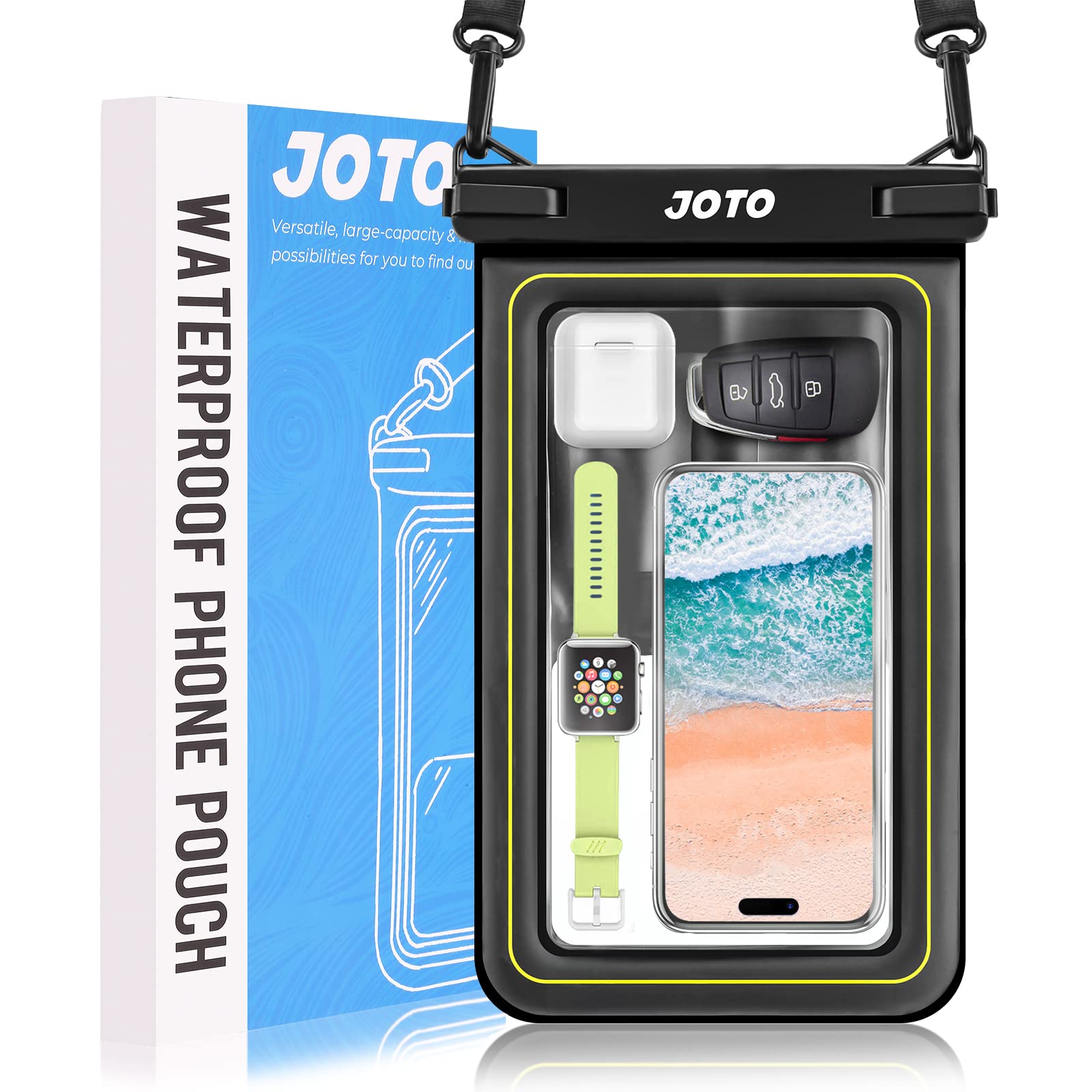 JOTO IP68 Large Waterproof Floating Phone Pouch Case, Big Float Dry Bag for iPhone 15 14 13 Pro Max Galaxy S24 Ultra S23 S22 Waterproof Wallet for Cash Card Watch, Vacation Beach -Black