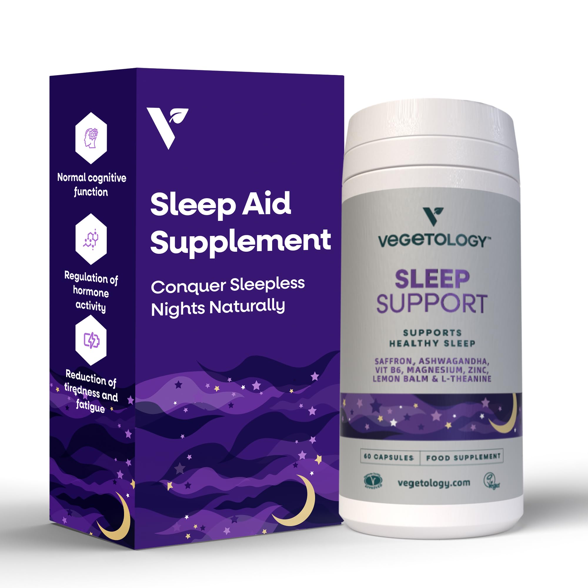 Vegetology Ashwagandha Sleep Support | Natural Sleep Aid with Saffron, Magnesium & Lemon Balm | Scientifically Formulated for Deep Rest | 100% Vegan & Made in UK | Ethical & Sustainably Sourced